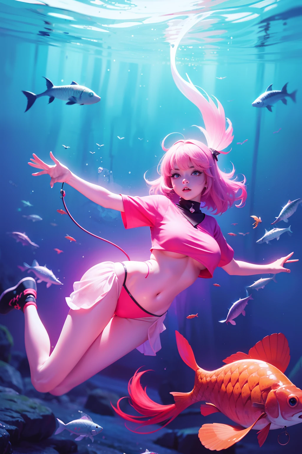 A school of cute carp,Around a sexzy girl,with saggy boobs,Irridescent color, Designed by Dietrams, Glows in high detail, C4D, Clean shadows, 4K