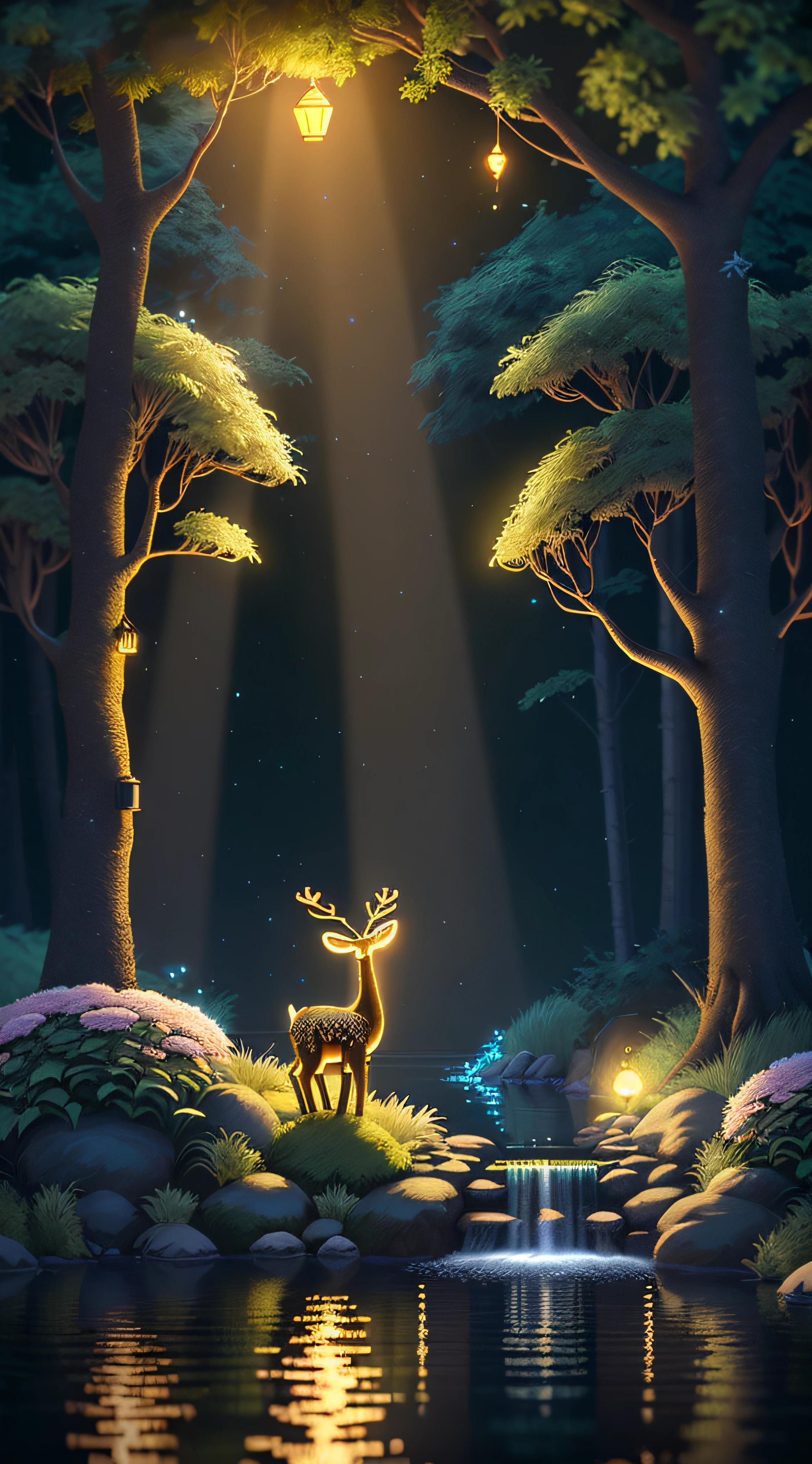 Masterpiece, best quality, (very detailed CG unity 8k wallpaper), (best quality), (best illustration), (best shadows), glow sprite, with a glowing deer, in the swimming pool Drinking water, natural elements in the forest theme. Mysterious forest, beautiful forest, nature, surrounded by flowers, delicate leaves and branches surrounded by fireflies (natural elements), (jungle theme), (leaves), (twigs), (fireflies), (particle effects) etc. 3D , Octane rendering, ray tracing, super detailed --v6