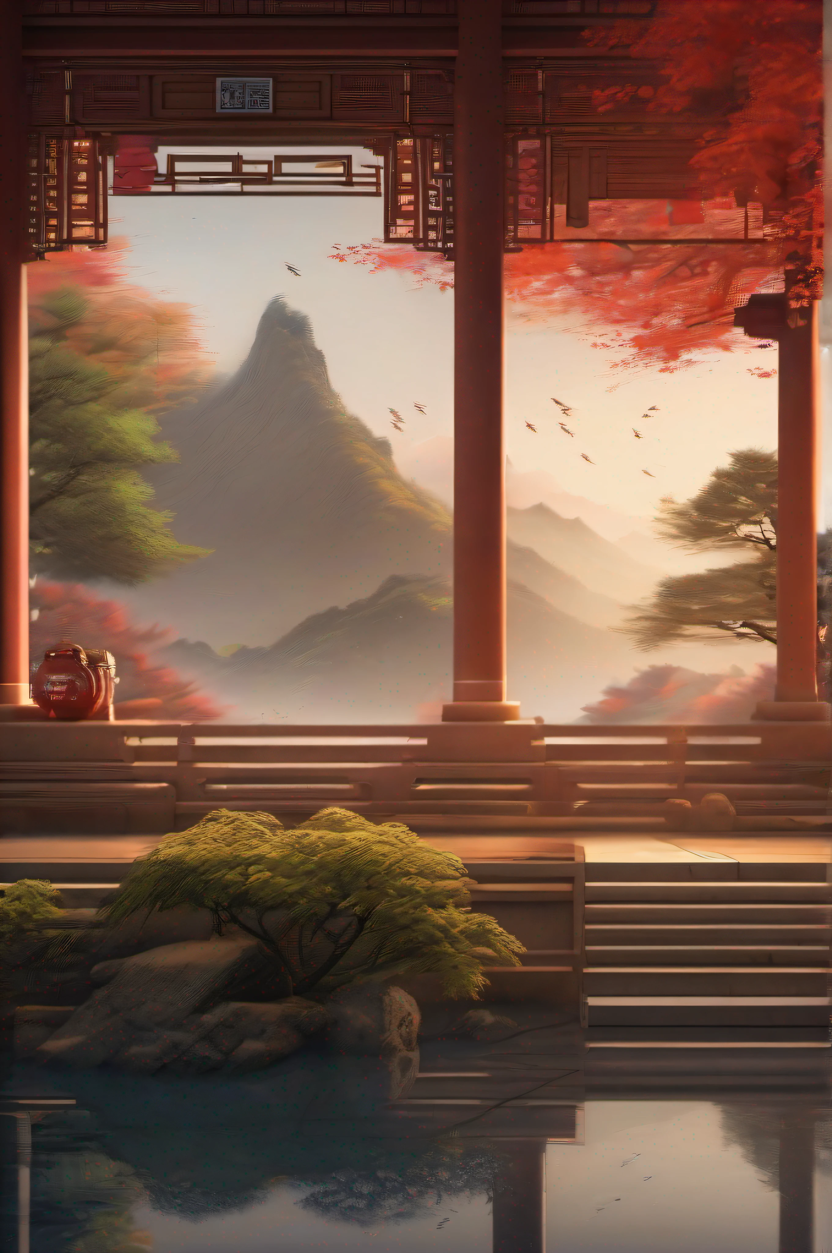 Ancient Chinese style，The content is concise，There is a sense of atmosphere，ancient wind，Bright lighting，The structure is well laid out，The spatial structure has a contextual relationship，with depth，wedding，The scene is empty，High realism，There are no characters，The surrounding area is dotted with vegetation，Mainly vermilion tones，high high quality（A detailed）（复杂）（8k） （HDR） （the wallpaper） （cinmatic lighting） （Sharp focus）