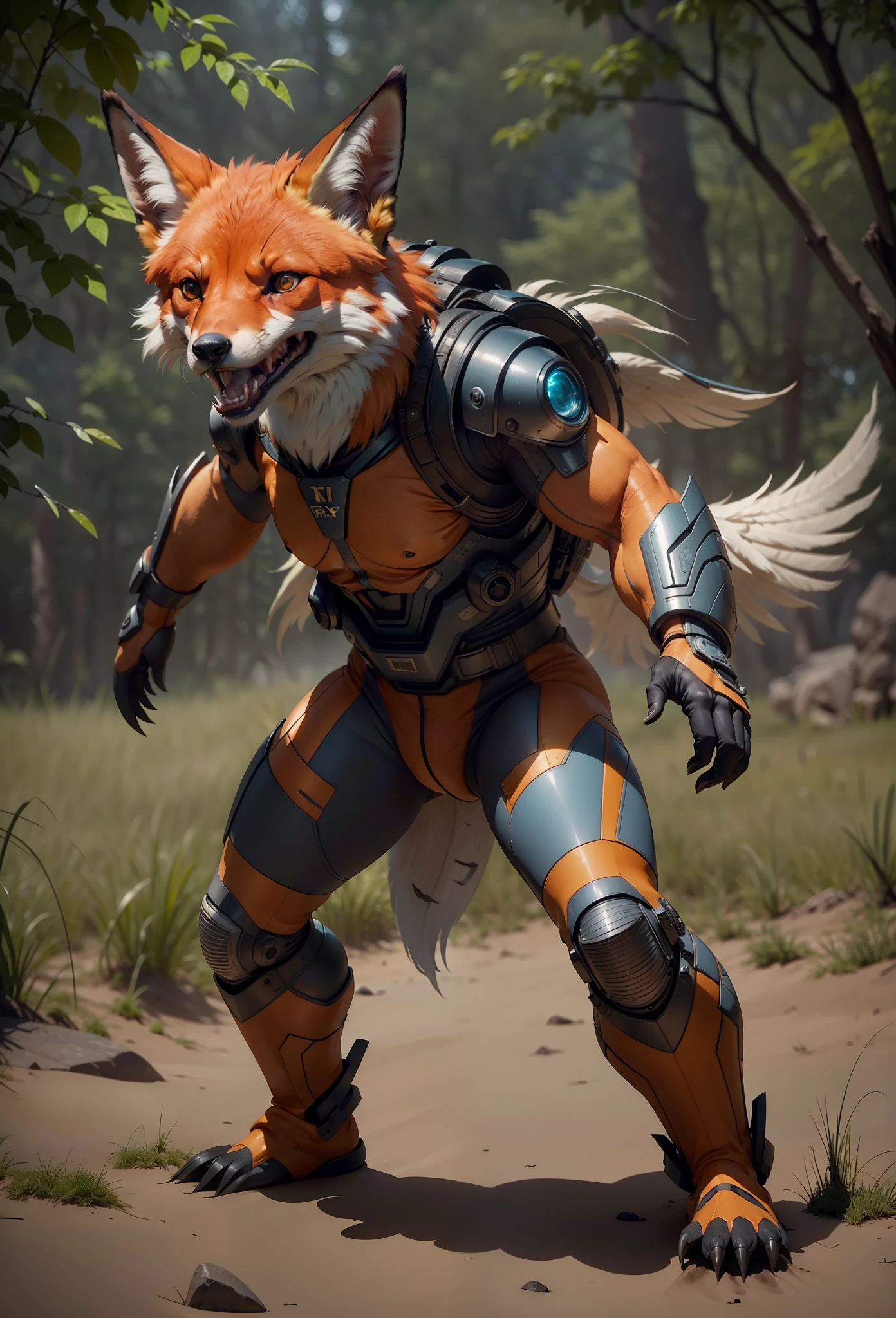 Sci fi humanoid creature with the feathers of a fox and mutant traits similar to rocket grinning teeth real photography, natural light, photorealism, cinematic rendering, ray tracing, the highest quality, the highest detail, Cinematic, Third-Person View, Blur Effect, Long Exposure, 8K, Ultra-HD, Natural Lighting, Moody Lighting, Cinematic Lighting