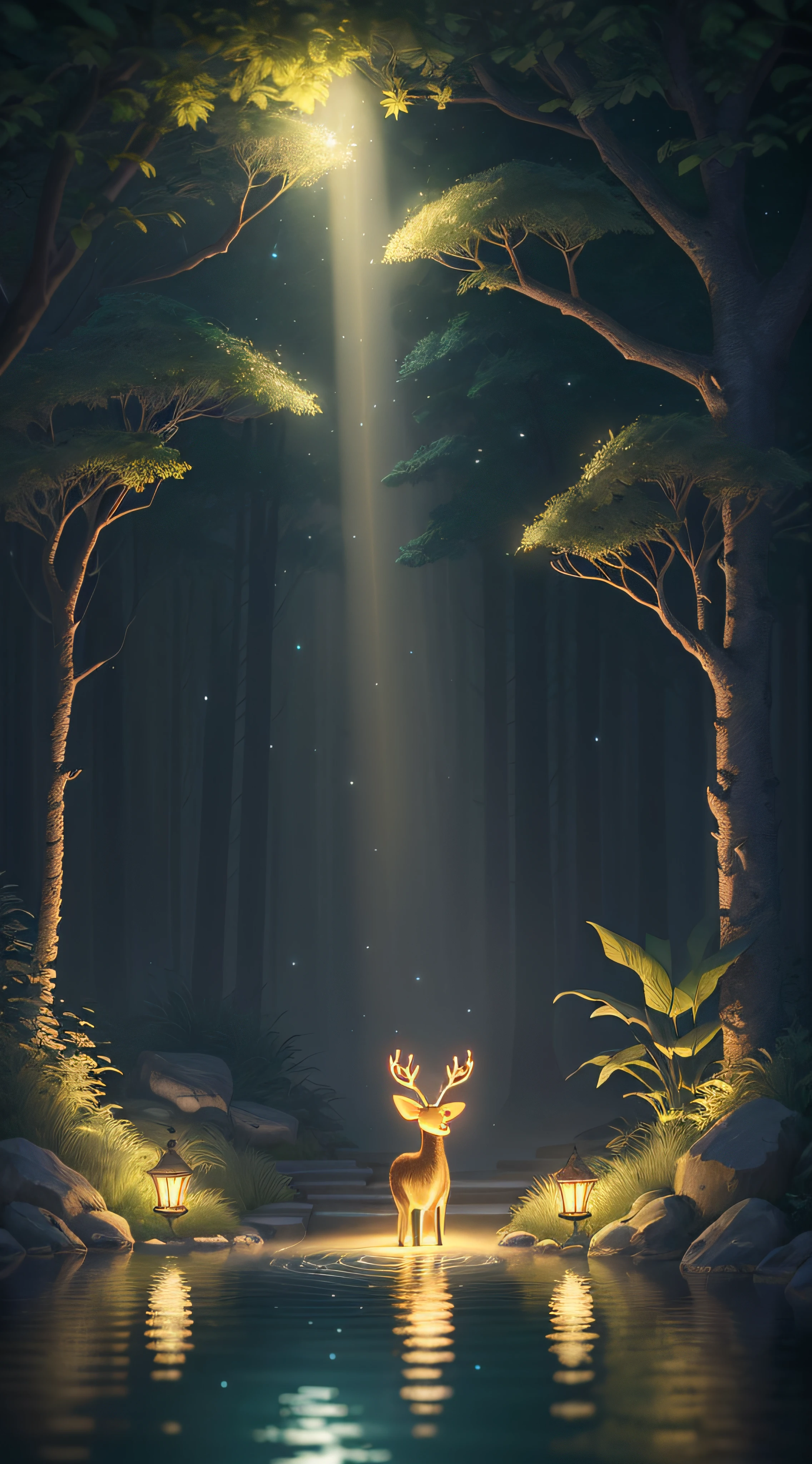Masterpiece, best quality, (very detailed CG unity 8k wallpaper), (best quality), (best illustration), (best shadows), glow sprite, with a glowing deer, in the swimming pool Drinking water, natural elements in the forest theme. Mysterious forest, beautiful forest, nature, surrounded by flowers, delicate leaves and branches surrounded by fireflies (natural elements), (jungle theme), (leaves), (twigs), (fireflies), (particle effects) etc. 3D , Octane rendering, ray tracing, super detailed --v6