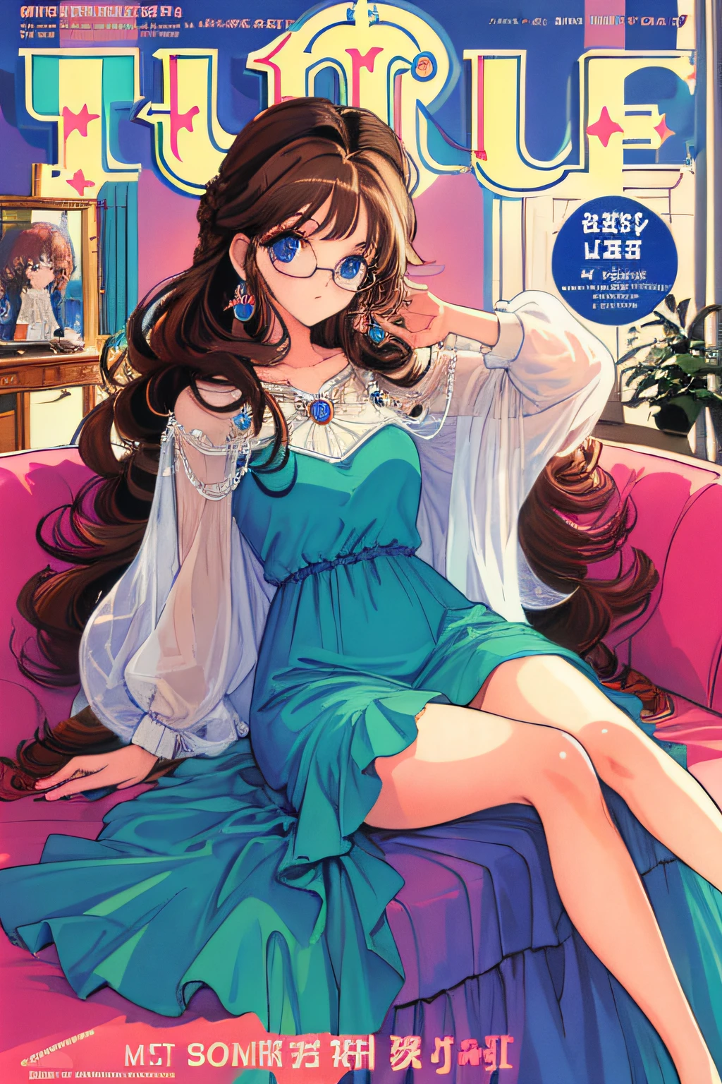 (masterpiece:1.3), best quality, official art, magazine cover, ultra detailed, 1girl, 1980s \(style\), elegant dress, living room, sitting on sofa, long hair, curly hair, brown hair, blue eyes, glasses, jewelry, art by [Aaron Horkey|Lisa Frank],