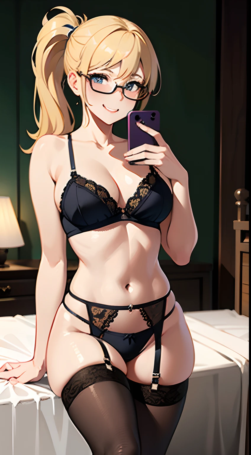 1girl, masterpiece, best quality, medium full shot, blonde ponytail, ((lingerie, stockings, sexy body)), smiling, erotic pose, bedroom, busty, glasses, with handphone