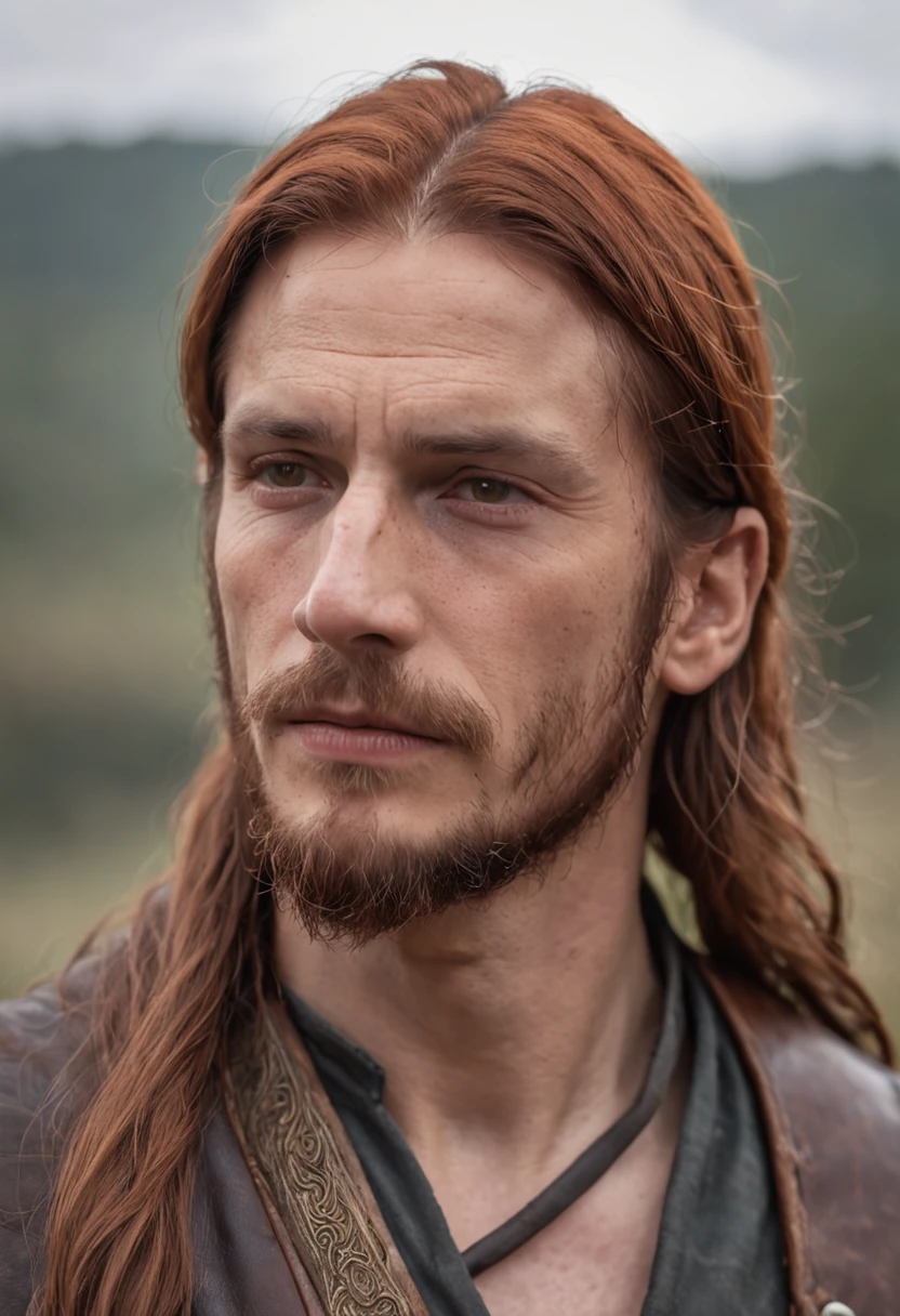 a portrait photo of, James Hebert and Ben Robson mix headshot as a weathered 30-year-old man, ugliness, Hideous, lanyard, broad shoulder, well built, rugged, long copper rust-colored hair, Hair tied in a loose ponytail, Widow's peak, short and thick beard, Medieval fantasy rebel leader clothes, Confident expression, intense stare, In the foothills, Colors are superbly captured by Nikon D850 and Nikon AF-S Nikkor 70-200mm F/2.8E FL ED VR Lens, peter jackson, Fantasy, Historical