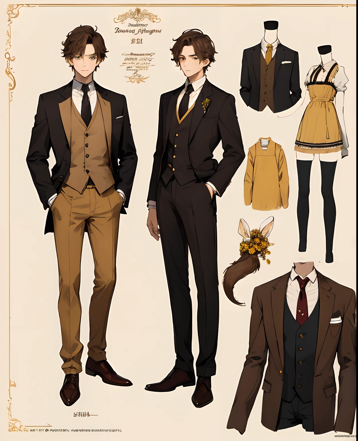 (masterpiece、top-quality、hightquality)、1 juvenile、20-year-old male、(unimpressed))、Brown hair、Apron and tailcoat、Brown pants、Decorative、ostentatious、tailcoat、An elegant、neck tie、Yellow line、Clothes of a clerk in a confectionery shop、On the theme of brown and yellow、Bee and honey design、Sweets clerk、clothing design、concept-art、patissier、male people、character designs、clothing design、Sketched、without background、full-body view、Overall view、three sided view