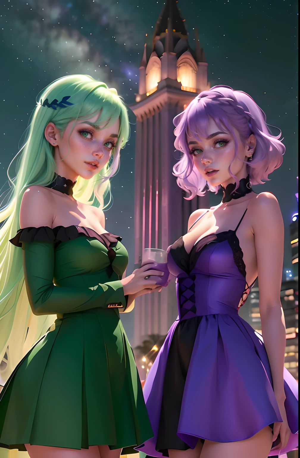 melhor qualidade, realista. 2 garotas de costas uma para a outra, a girl has lilac hair/roxo. A outra garota tem cabelos verdes/verde. They are in front of a tower, night and starry sky