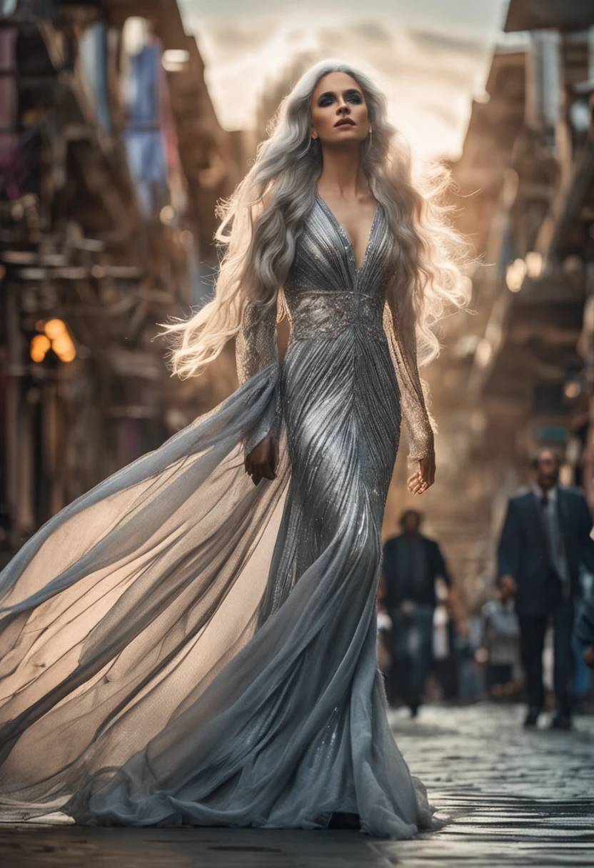 "A majestic, ethereal goddess with voluminous silver hair, adorned in a flowing silver dress, gracefully flying up in the air above a mesmerized crowd, showcasing her modeling prowess on a grand runway."