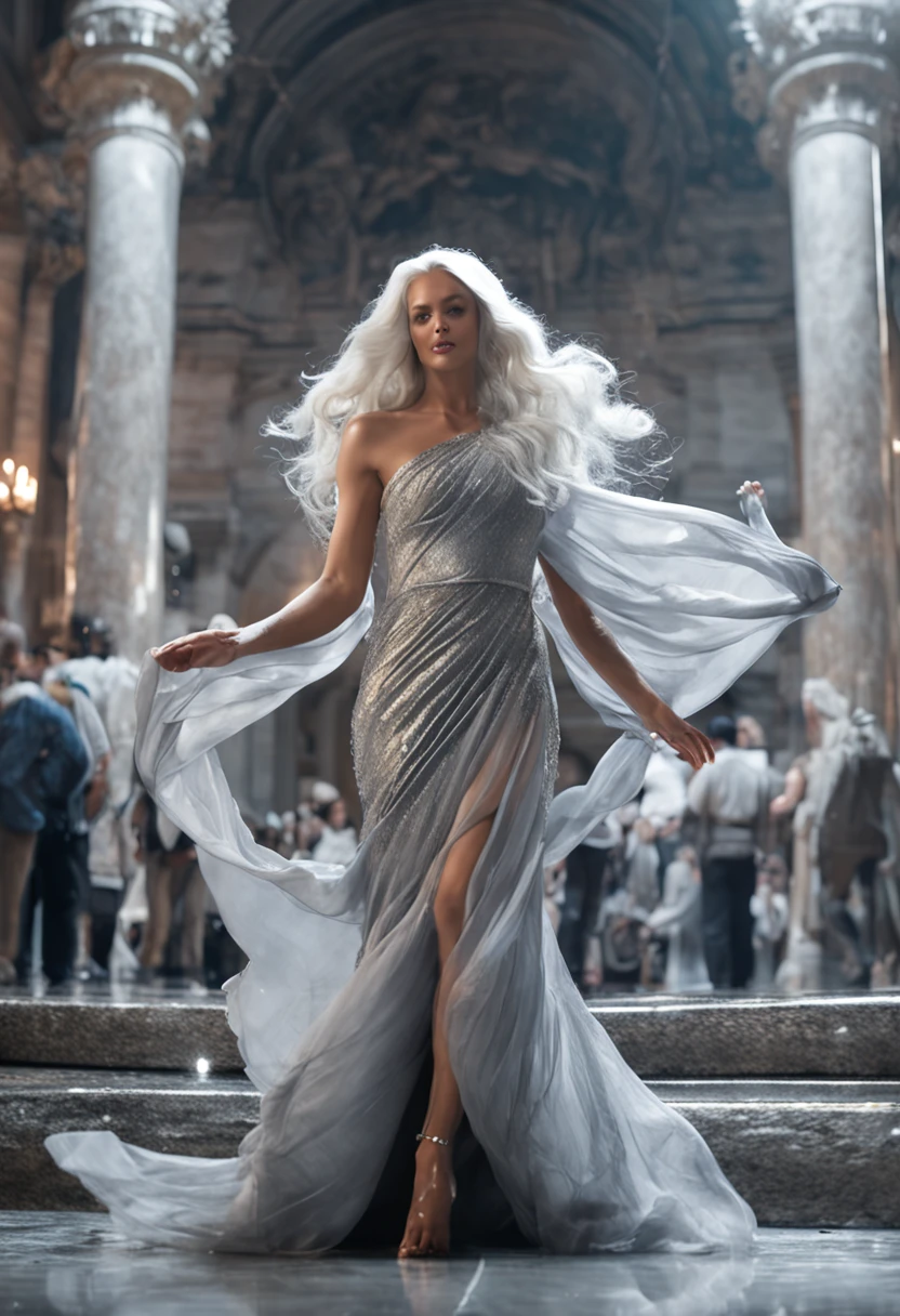 "A majestic, ethereal goddess with voluminous silver hair, adorned in a flowing silver dress, gracefully flying up in the air above a mesmerized crowd, showcasing her modeling prowess on a grand runway."