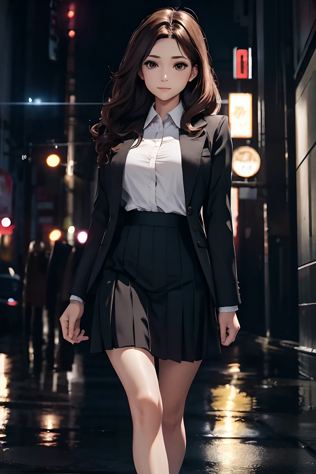 ample breasts、modest brown hair、Loose Wave、Woman in her 30s、35 year old、adult lady、Wearing a suit、skirt by the、White shirt only、open one's legs