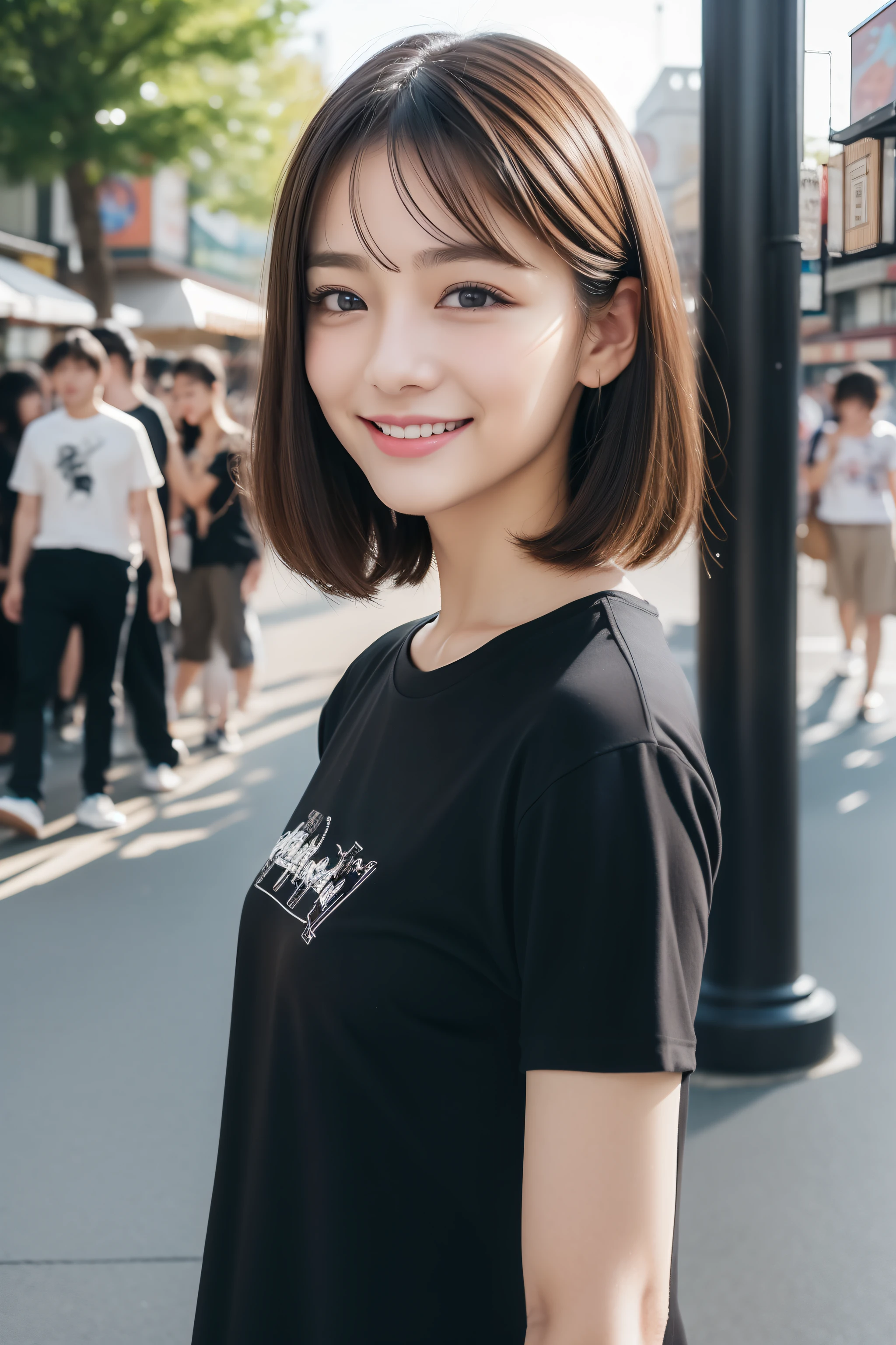 (8K、Raw photography、top-quality、masuter piece:1.2)、ultra-detailliert、ultra res、(realisitic、rialistic photo:1.37)、portlate、high-definition RAW color photography、Professional Photography、highly detailed and beautiful、ighly detailed、8K Wallpapers、amazing detailed、huge filesize、Official art、Highly detailed CG Unity 8K wallpapers、highly detailed beautiful girl、extra detailed face、extremely detailed eye、highlydetailed skin、extremely detailed fingers、highly detailed nose、very detailed detailed mouth、Perfect Anatomy、highly detailed back ground、Highly detailed clothing、 1 人、(18:1.2)、Teete little us Japan idol、cute little、Realistic body、小柄、de pele branca、glistning skin、Slim body、Handsome body、brown haired、bob cuts、A smile、kawaii、zora々Right、kawaii faces、Lifelike face、Delicat eyes、Sauce order、(Black T-shirt:1.4)、JINS、Brown Skin Belt、耳Nipple Ring、Looking at the camera、cowboy shot、front facing、Standing、Contrapo, An amusement park, 动态照明,