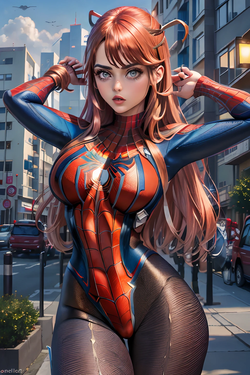 (Obra maestra:1.4), (8k, fotorrealista, Foto RAW, La mejor calidad: 1.4), Japanese, (1girl), Cara hermosa, (Cara realista:1.4), (cana, Pelo largo con cola de caballo:1.3), hermoso peinado, hermosos ojos detallados, (best ratio eyes:1.5), atractivo, ultra-high-resolution, ultra realista, Altamente detallado, best ratio, (Cara detallada:1.4), Mirando al espectador, red lipsticks, (best ratio fingers:1.5), (White superhero theme, carismatic, Hay una chica en la cima de la ciudad, Spider-Man Transparent Lingerie Suit Dress, she is a superhero), [ ((25-years old), cuerpo completo, (Ojos azules realistas:1.2), ((Pose de Spider-Man), show of force, Saltar de un edificio a otro), ((Entorno urbano arenoso):0.8)| (Paisaje urbano, Por la noche, dinamic lights), (luna llena))] # Explanation: The Prompt mainly describes a 4K painting of ultra-high definition, muy realista, muy detallado. It shows a naked superheroine at the top of the city, con un disfraz de Spider-Man. The theme in the painting is a white superhero theme, La protagonista desnuda femenina desnuda tiene el pelo largo y blanco, is 25 years old and her entire body is shown in the painting. In terms of portraying the actions of female superheroes, spiders are employed, (sin sujetador:1.4), alegre_, ((expuesto_, senos expuestos, senos realistas de alta proporcionalidad, Pechos grandes realistas):1.3), (boca cerrada:1.4), (camello_cerrar_:1.3), Innie_,
