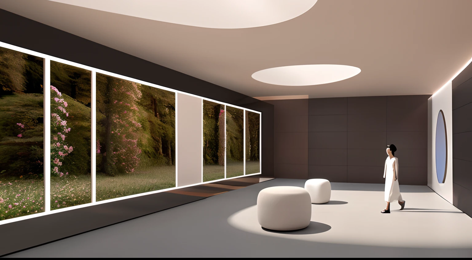 Enclosed indoor space, Bai,Lawn and flowers,, High-end pension industry exhibition hall, High-tech exhibition hall of health care industry, Nature meets technology, The indoor forest integrates a variety of high-tech display equipment and interactive platforms, There are many LED displays between green plants and flowers, Holographic devices and digital humans, An old Chinese strolling through it, nature harmony,big breasts beautiful, Harmonious immersive exhibition experience center, There is a transparent cylinder in the middle of the space, Show beautiful Chinese girl holographic transparent image,The space has 2 anthropomorphic service robots, and various data and UI interfaces,There are some lounge seats with artistic designs,There is an interactive interactive console,