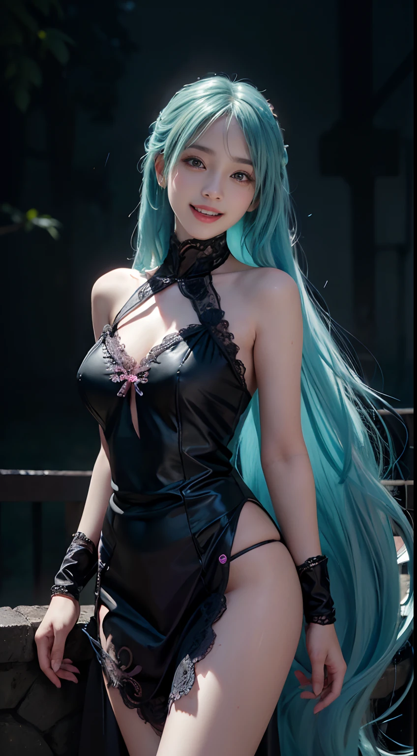 (Hatsune Miku character), Tosca hair color, Long two-tailed hair with ponies, Looking at the view, Eye of the landscape, Smile (Big smile), (Open mouth), Full body photo, 21 year old girl, Perfect body, Perfect anatomy, Tosca eye color, Double eyelids, Huge breasts, Highly detailed skin texture, (Realistic skin), Ultra-detailed face, Detailed lips, Detailed eyes, Double eyelids, Nack shoes, Wet skin, Wet hair, (((Simple background))), (Front focus), (In the dark:1.6), deep dark, Surrealistic Female Portraits by David Hockney and Alphonse Mucha, Fantasy art, photograph realistic, Dynamic pose, Popular model poses, Dynamic lighting, art  stations, poster for, voluminetric lighting, Very detailed faces, 4 k'', In the dark, deepshadow, low tune, Cowboy shot, (Pink dress color), Illuminated dress, Erotic lace dress, Suspender stockings, Extremely detailed, liquid milk