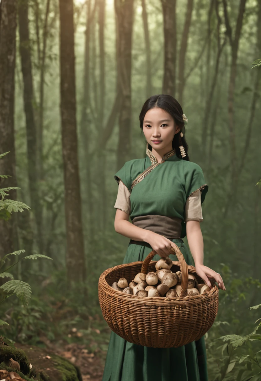 (professional 3d render:1.3) af (Realistic:1.3) forest setting，Carrying a bamboo basket，There are a lot of wild mushrooms in the bamboo basket，There are porcini mushrooms，There are matsutake mushrooms，There are morels，Beautiful girl，Hmong girl，The bamboo basket is filled with mushrooms，There are scattered mushrooms on the ground，The light is beautiful，Smile sweetly，Back basket，Picking mushrooms，HmongCostume，Wearing Hmong clothing，whole body picture