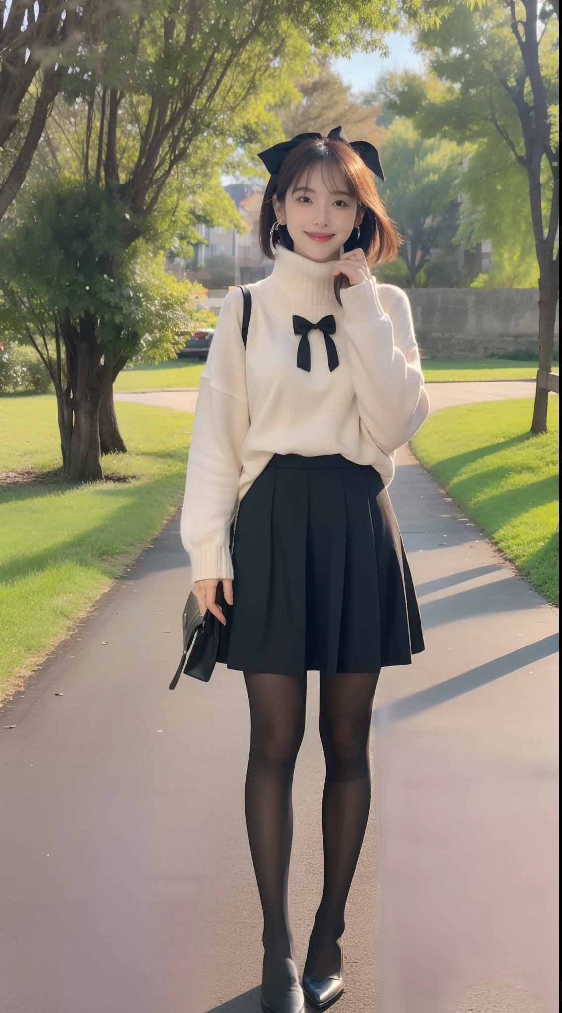 (true to life,Photorealistic 1.5),((best qualtiy, 8K, tmasterpiece:1.3)),SLR camera (二重まぶた,largeeyes:1.3),(smile1.5),(Full body photo 1.5)(One person 1.5)Clear focus 1.2, Perfect body beauty:1.4 , Delicate skin1.1,(Short silver-white hair 1.6),(Fashion watch 1.4),(Pure desire 1.3)(Black pantyhose 1.5)(The leg length is 1 meter 21.5),Slender legs,Slender legs,Single room sweater,Bow knot,pleatedskirt,With earrings,bangle,Under the trees in the park,Riverside creek