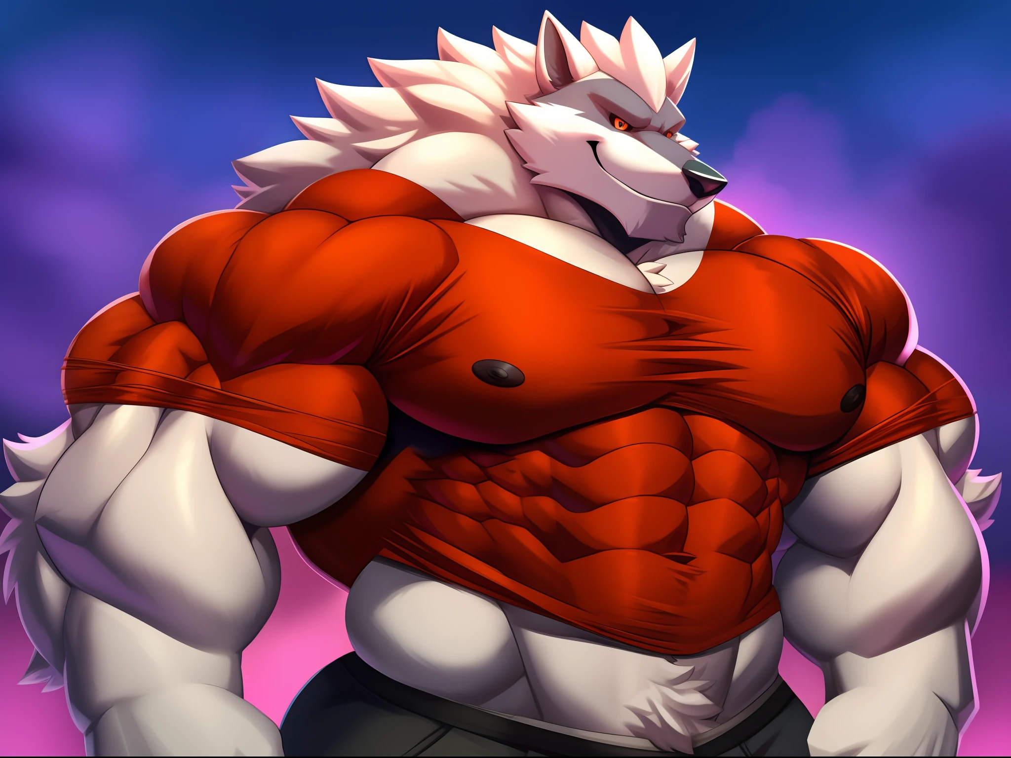 imagem de estilo de um homem com um corpo semelhante a um lobo e uma camisa, lobisomem musculoso, peito fofo, musculoso! Branco, peito peludo, super buff e cool, Commission for High Res, lobo peludo, thick furry neck and fluff on his chest, corpo peludo, Arte peluda!!!, forte e imponente, thicc, musculoso!!!, corpo fofo, big muscle, large muscles