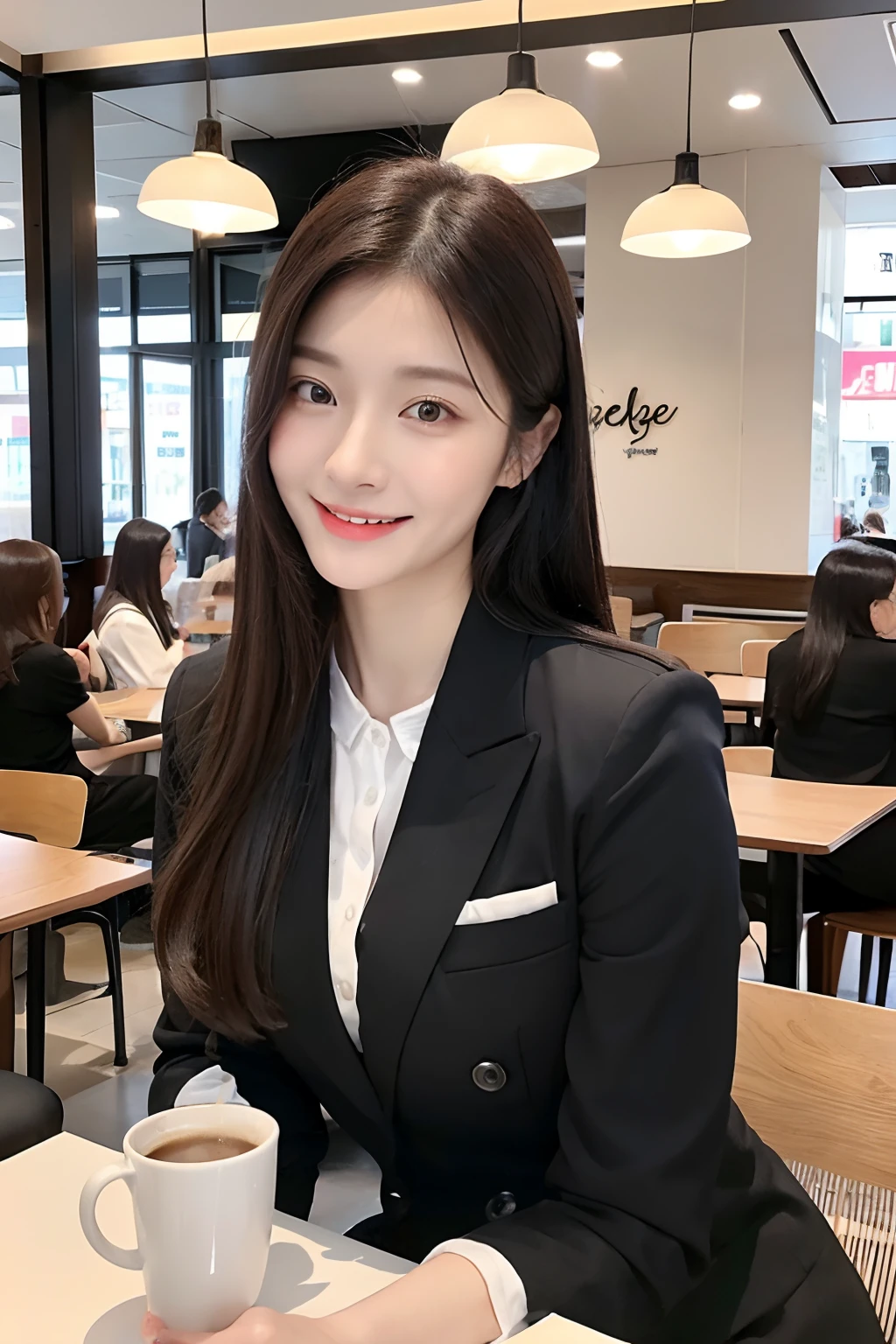 (8K, RAW Photos, Highest Quality, masutepiece: 1.2). (Realistic, Photorealistic: 1.37), Beautiful girl in business clothes sitting in crowded café, Holding a coffee cup. Sit down and chat、Surrounded by many people having fun. Girls look very confident and attractive, With a relaxed and relaxed attitude. The girl's business attire is very polite and suitable for the café space. She sits alone, however、Still looks very comfortable and happy in the lively atmosphere of the café. Over a cup of coffee, The girl looked around with a big smile., Enjoying her relaxing moments. Overall, This girl is、Looks very beautiful and attractive in business attire and café environment. huge-breasted, Slender waist, wide hips, thick thighs, Hourglass body