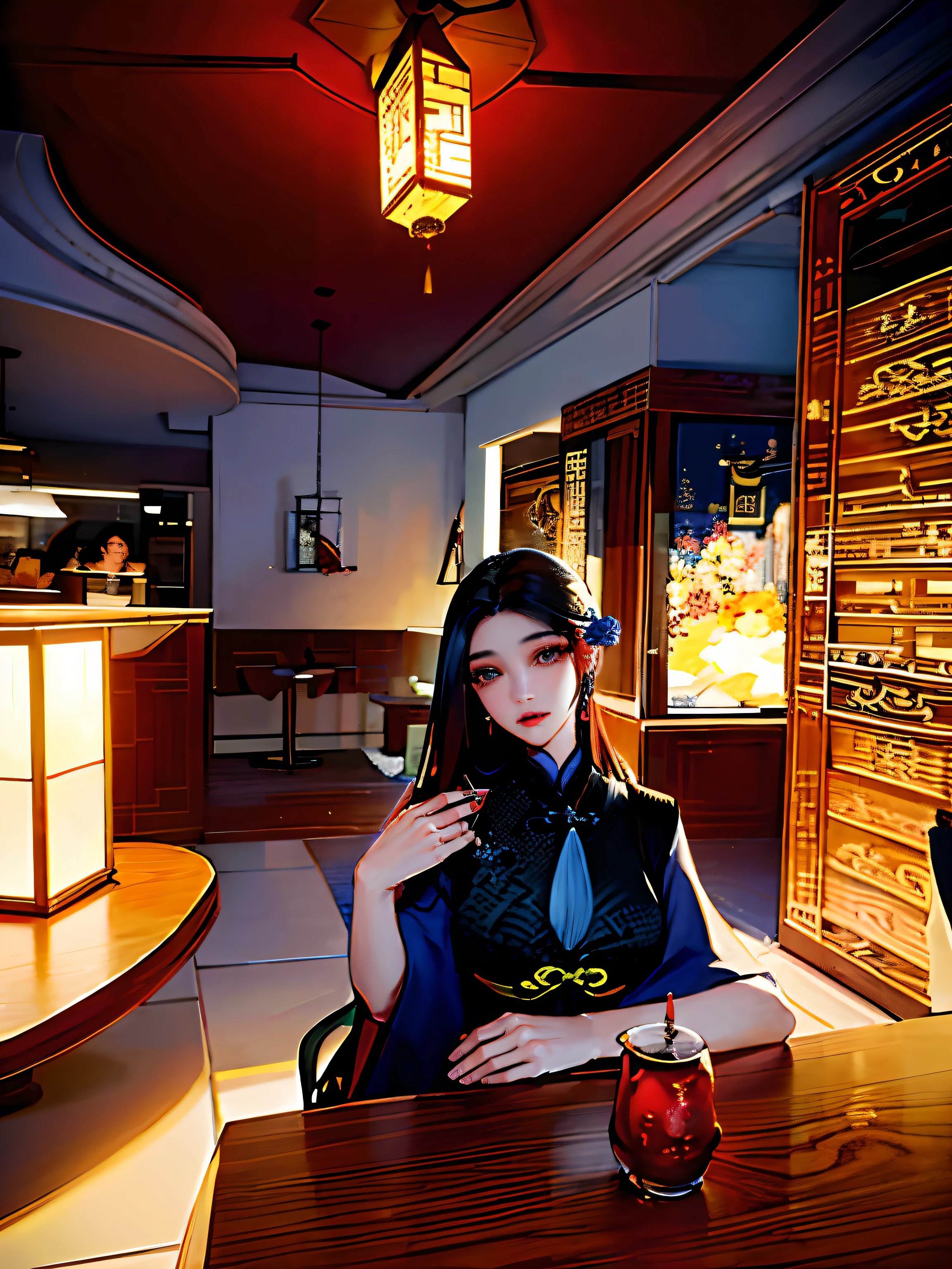 There was a woman sitting at the table，With a glass of water, wenfei ye, xintong chen, wei wang, gorgeous chinese models, xision wu, chengyou liu, Gorgeous young Korean woman, zeng fanzh, Zhang Wanting, Lin Qifeng, jinyiwei, Gemma Chen, zmonzheng, wenjun lin, Xianxia