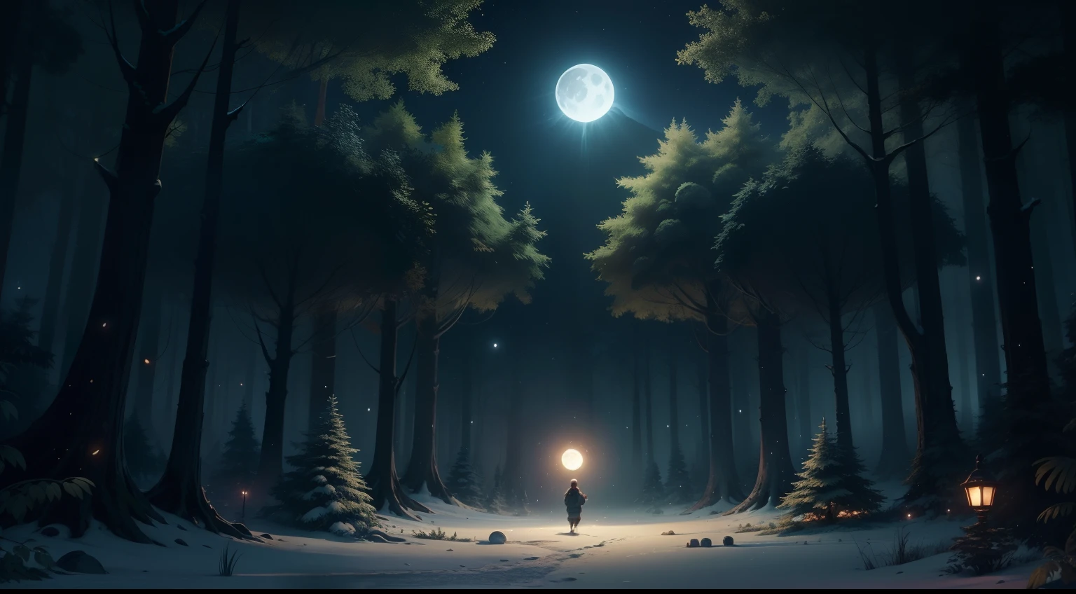 /create In the heart of a mystical forest, there lived a curious moon((focus only moon and the forest)),at night, cartoon style,,