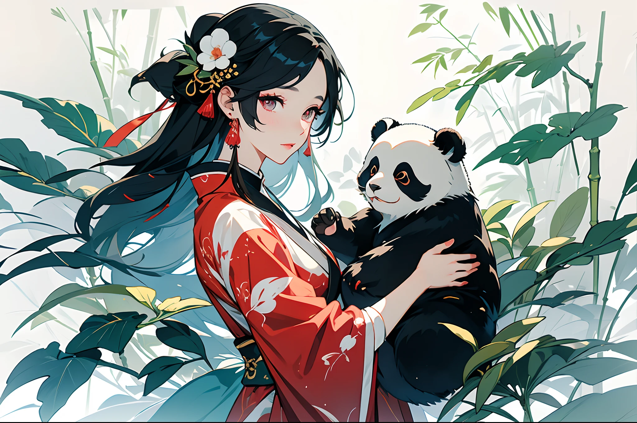 (Masterpiece:1.2),Best quality,white backgrounid,Under bamboo leaves, (The panda sits on a branch),(1Blittle girl:1.5,The upper part of the body,looking at viewert),Pink and white clothes,facial closeups,big beatiful eyes,detailed face with,Flashy clothes,Ethereal panda,(Chinese Panda),Dreamy,Onmyoji detailed art,A beautiful artwork illustration,mythological creatures,pandas,Beautiful digital artwork