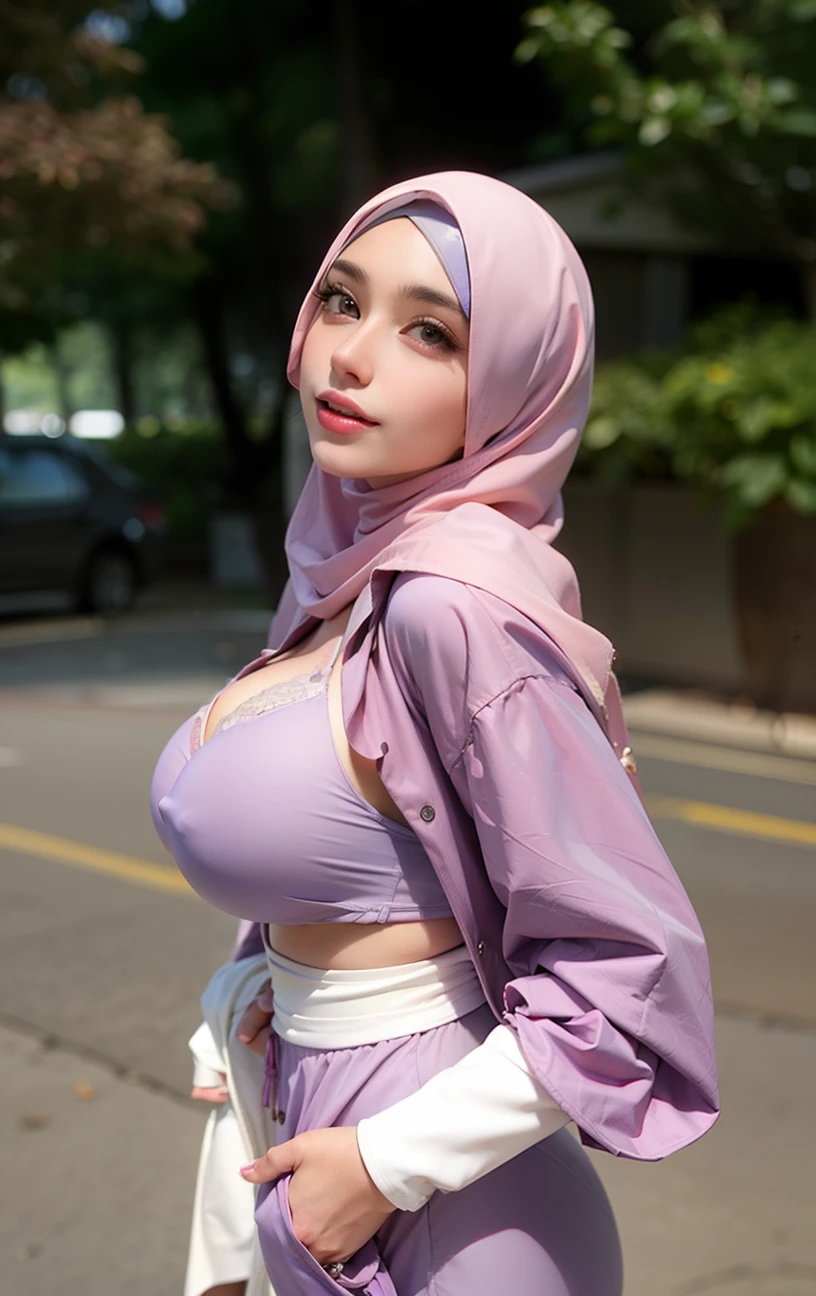 (Big D breast), sexy breast, cleavage, (hijab), open_clothes, sexy bra, real skin, realistic skin, real breast, realistic breast, detailed skin features, detailed clothes features, body proportions, real face, detailed facial features, beautiful eyes, grey eyes, detailed eyes, gloss on lips, smile, detailed face and breast, best quality, masterpiece, 8k,
