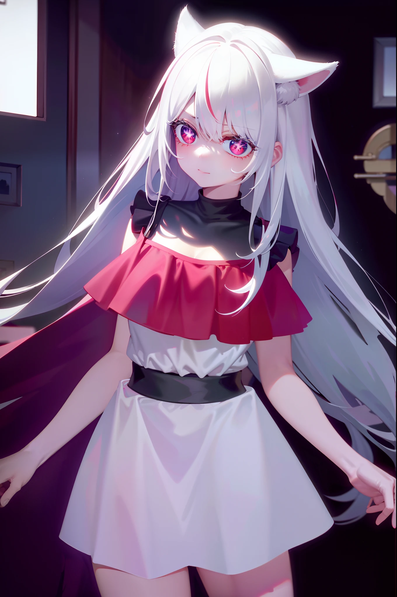 a cute cat girl,white hair,red eyes,highly details