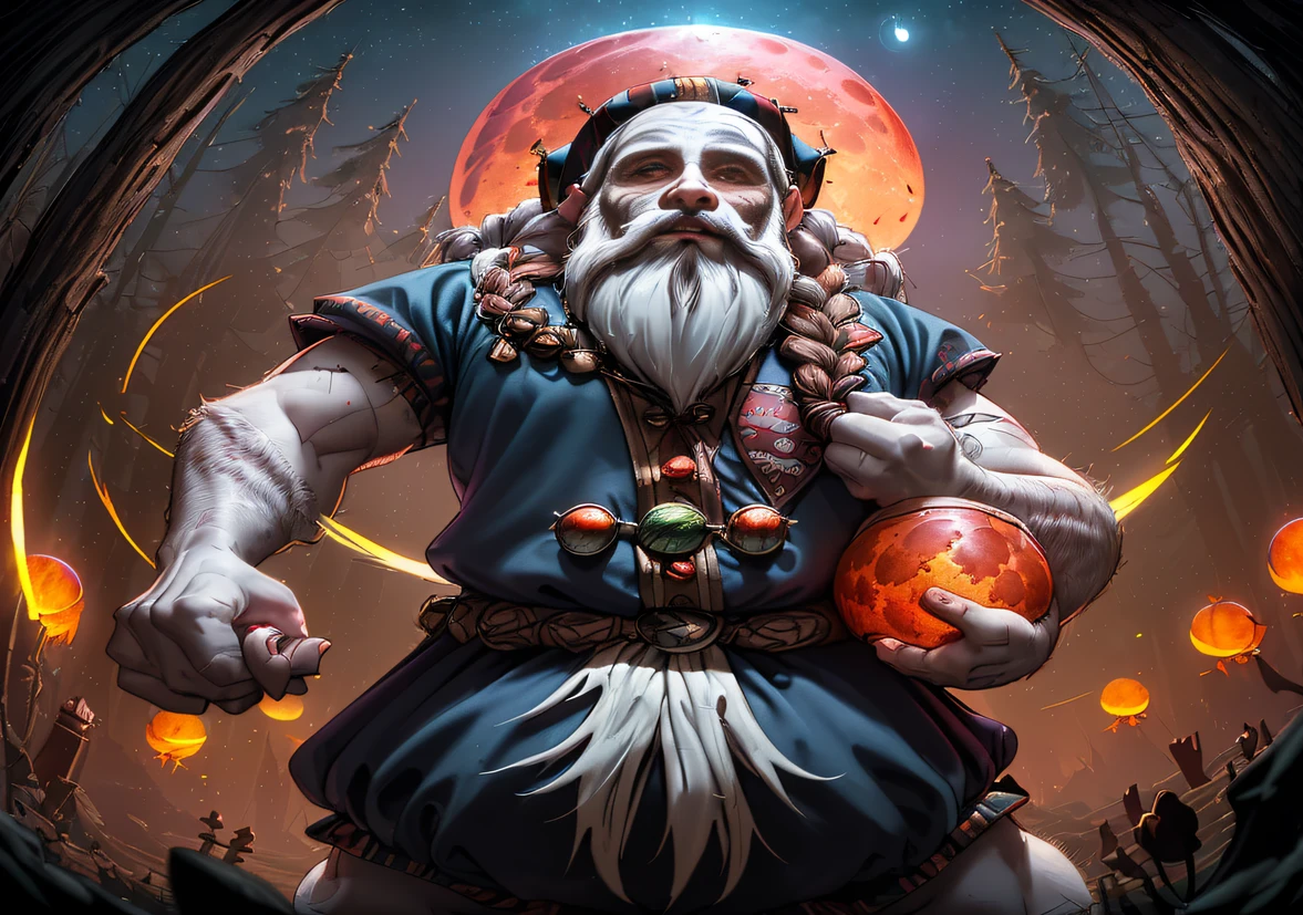 (((A dwarf man with a very long white braided beard centered in the foreground performing a kubrick stare))), (((Naked chest))), (((colorful jester pants))), (((colorful jester hat))), dark fantasy, dark atmosphere, forest, ((night)), moon, glowing butterflies, volumetric lighting, best quality, masterpiece, intricate details, tonemapping, sharp focus, very detailed, trending on Artstation, realistic, trending in artstation 4k, 8k, cinematic lighting, (((Full blood moon vibrantly lighting the scene))), (((fish eye lens))), ((colorful))