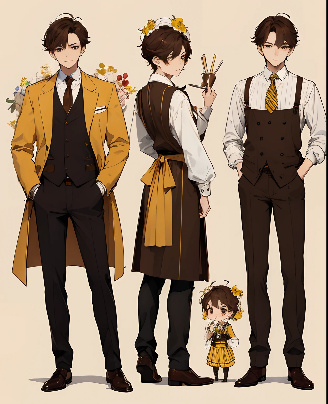 (masterpiece、top-quality、hightquality)、1 juvenile、20-year-old male、(unimpressed))、Brown hair、Design with apron and tailcoat、Brown pants、Decorative、ostentatious、tailcoat、An elegant、neck tie、Yellow line、Clothes of a clerk in a confectionery shop、On the theme of brown and yellow、Bee and honey design、Sweets clerk、clothing design、concept-art、patissier、male people、character designs、clothing design、Sketched、without background、full-body view、Overall view、three sided view