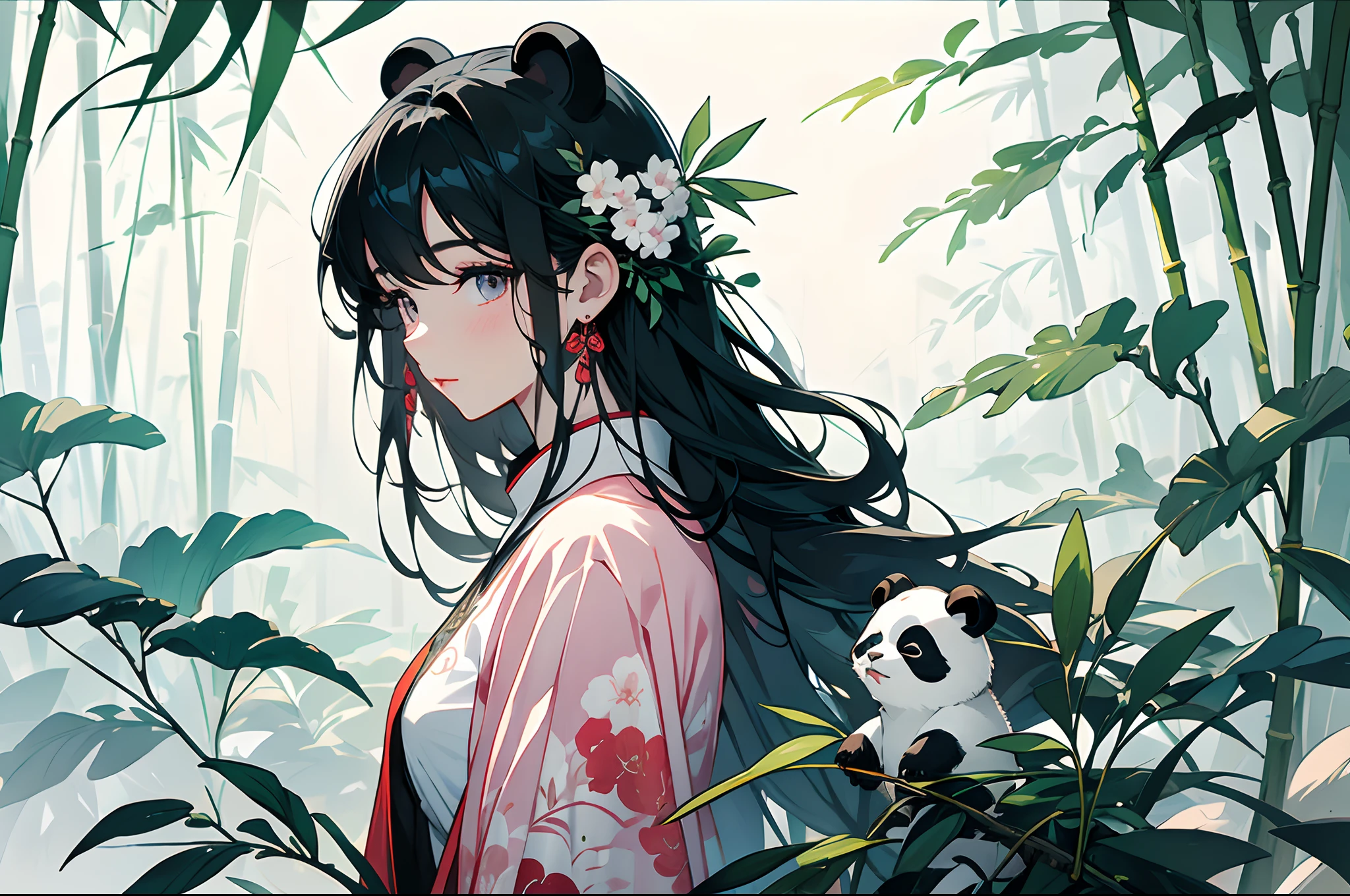 white backgrounid,Under bamboo leaves, (The panda sits on a branch),(1Blittle girl:1.5,The upper part of the body,looking at viewert),Pink and white clothes,facial closeups,big beatiful eyes,detailed face with,Flashy clothes,Ethereal panda,(Chinese Panda),Dreamy,Onmyoji detailed art,A beautiful artwork illustration,mythological creatures,pandas,Beautiful digital artwork