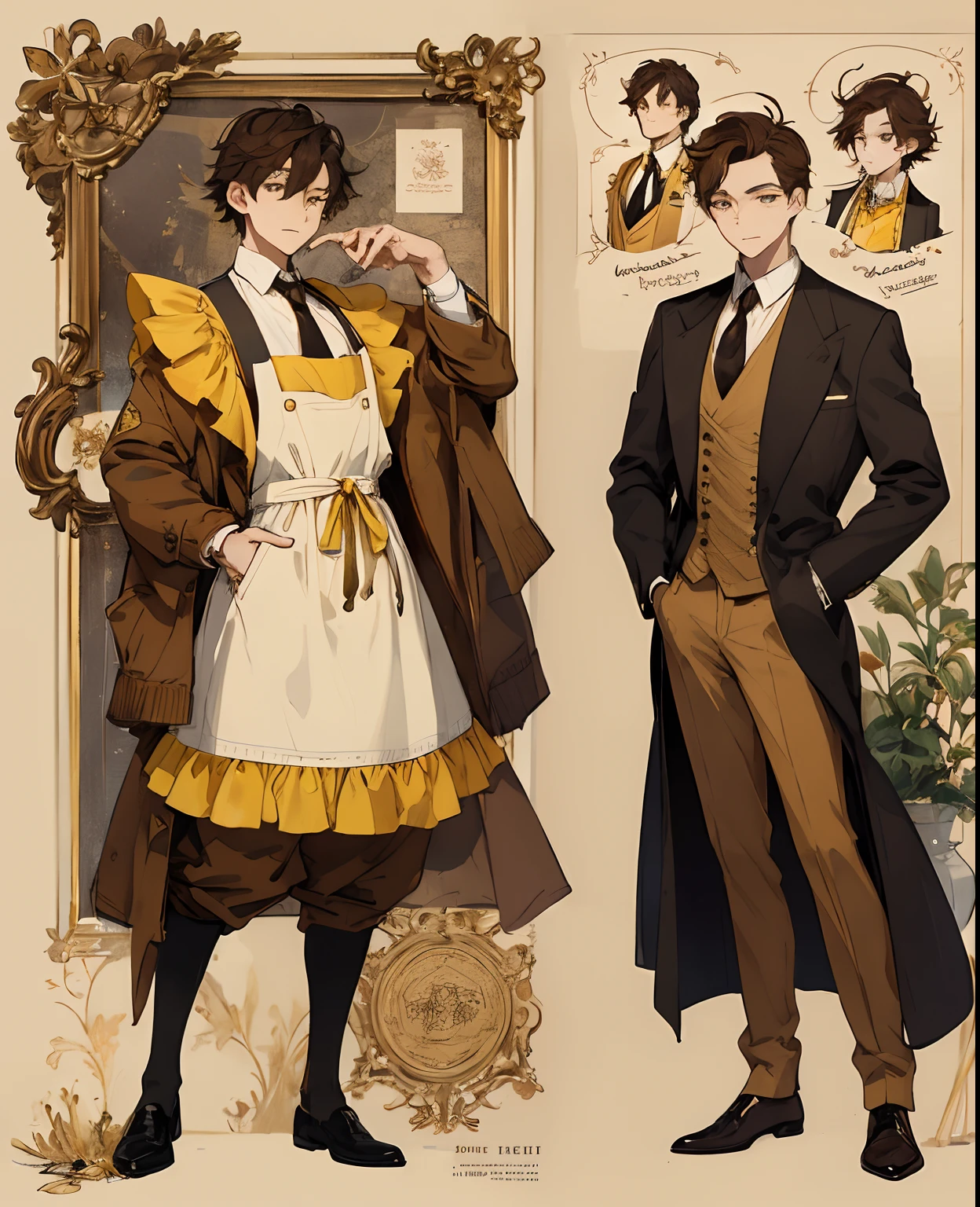 (masterpiece、top-quality、hightquality)、1 juvenile、20-year-old male、(unimpressed))、Brown hair、Design with apron and tailcoat、Brown pants、Decorative、ostentatious、tailcoat、An elegant、neck tie、Yellow line、Clothes of a clerk in a confectionery shop、On the theme of brown and yellow、Bee and honey design、Sweets clerk、clothing design、concept-art、patissier、male people、character designs、clothing design、Sketched、without background、full-body view、Overall view、three sided view