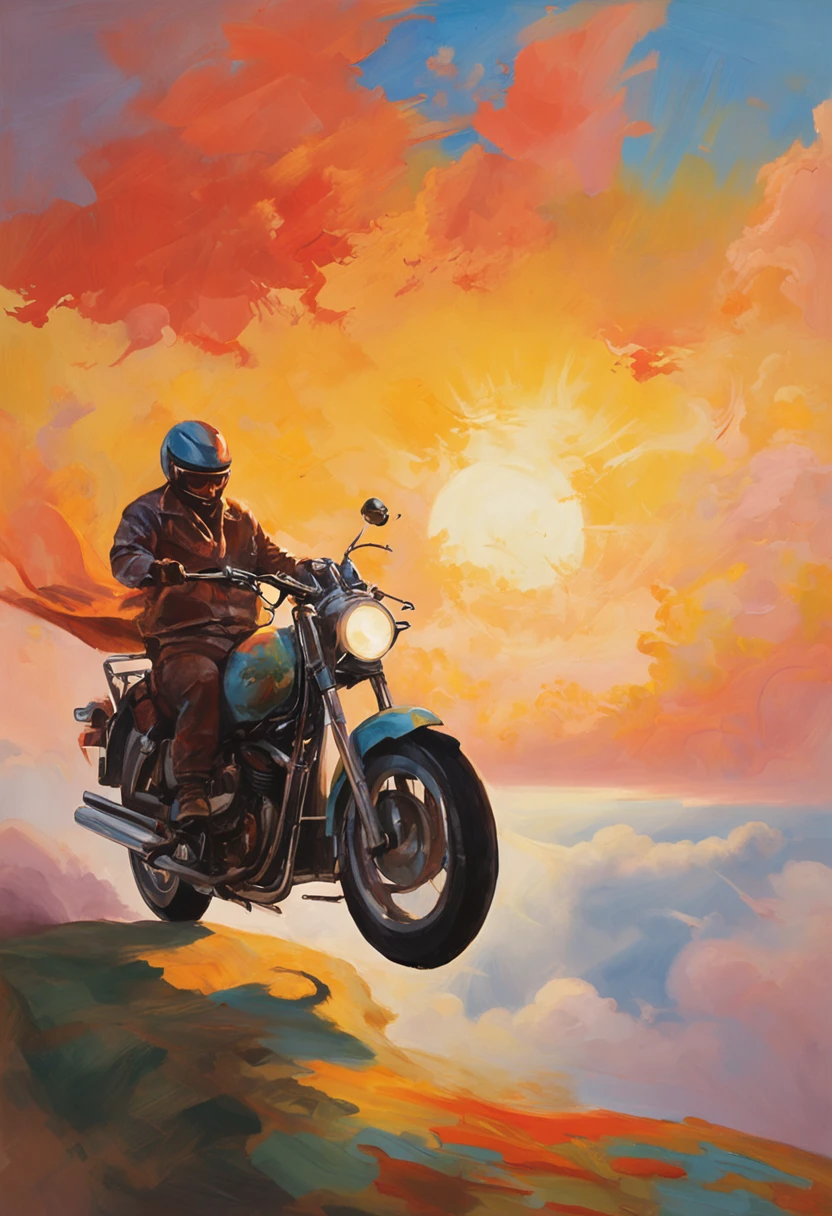 Sunset background,A Chinese dragon formed by thick clouds,Riding a motorcycle made of clouds to the lower right corner。The Chinese dragon riding motorcycle made of clouds is huge,Accounts for 60%Sky frame。Bright colors,Makoto Shinkai painting style,There is wind。
