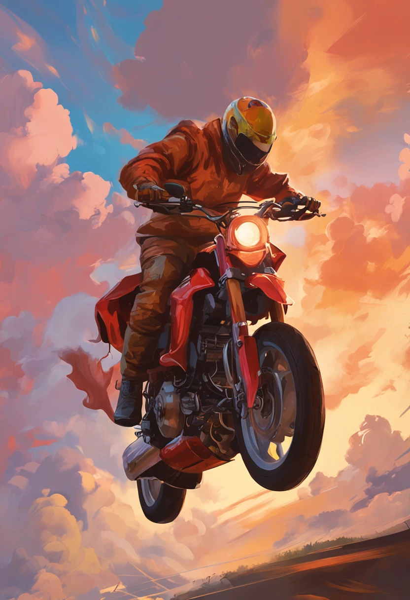 Sunset background,A Chinese dragon formed by thick clouds,Riding a motorcycle made of clouds to the lower right corner。The Chinese dragon riding motorcycle made of clouds is huge,Accounts for 60%Sky frame。Bright colors,Makoto Shinkai painting style,There is wind。