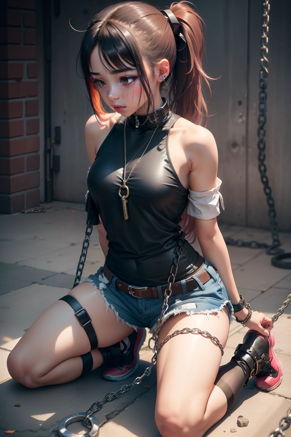 Kizi，teens girl，teardrop，weeping，ripped apart，chain leash，Behind the arm,kneeling down，shackle，BDSM，high ponytails