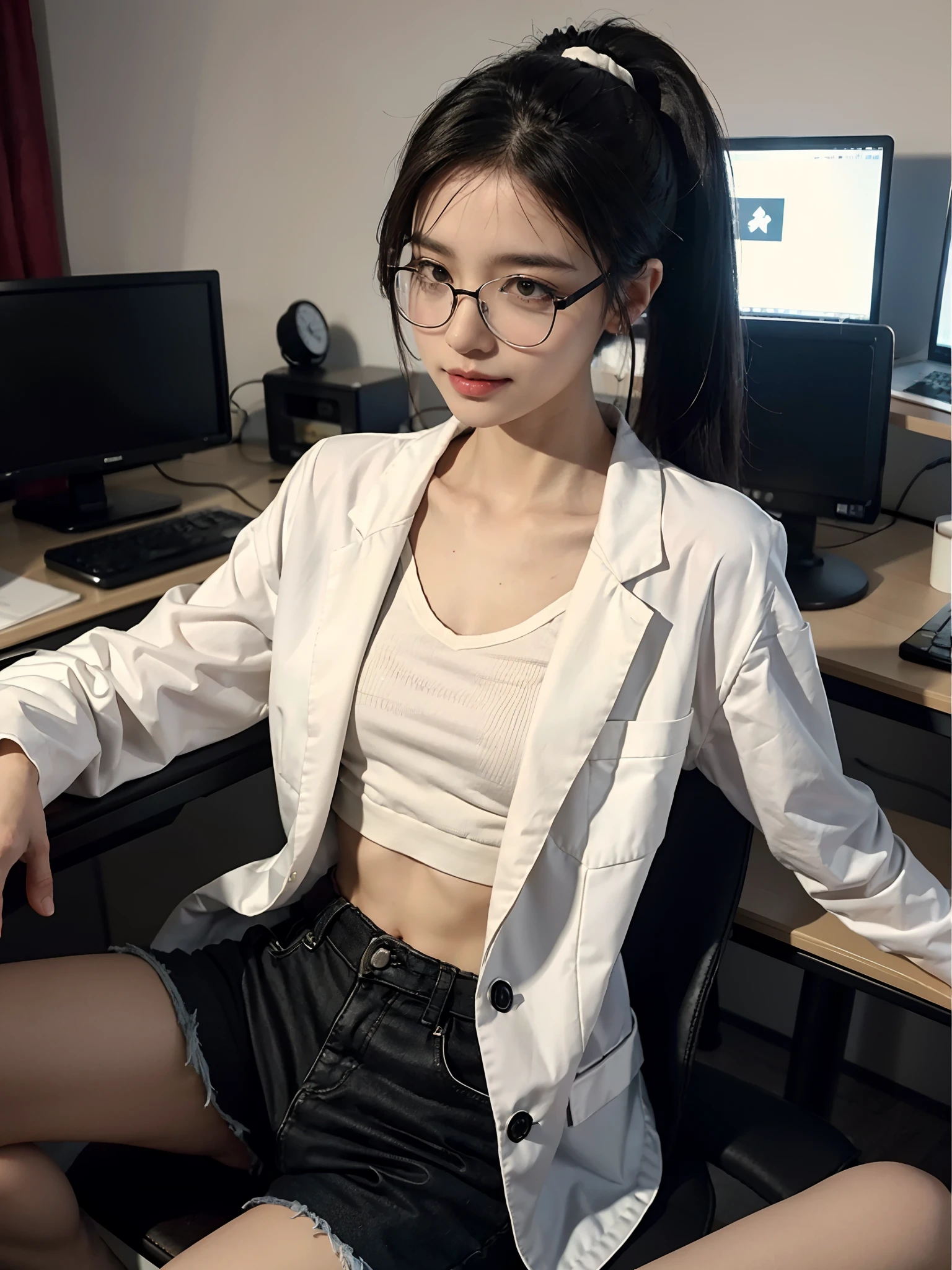 ((smallunderboob,Tomboyish,small heads)), (Well-defined abs: 1.1), (perfect bodies: 1.1), (short-length straighthair: 1.2), Black hair, upper body photos, attractive collarbone，nabel，（极其细致的CG 8k壁纸），（Extremely refined and beautiful），（tmasterpiece），（best qualtiy：1.0），（超高分辨率：1.0），beautiful light up，Perfect lightning，realistic shaded，[A high resolution]，Smooth and flawless fair skin，ultra - detailed ，Elongated legs，flatchest，Slim，emaciated，a girl doctor，Wearing glasses，Short ponytail，Sven scum，In the old hospital，in a office，Sit at the computer，Doctor clothes，Long white coat，Gilet blanc，Black beggar pants，Big hole in tatters，black military boots，cheerfulness，ssmile
