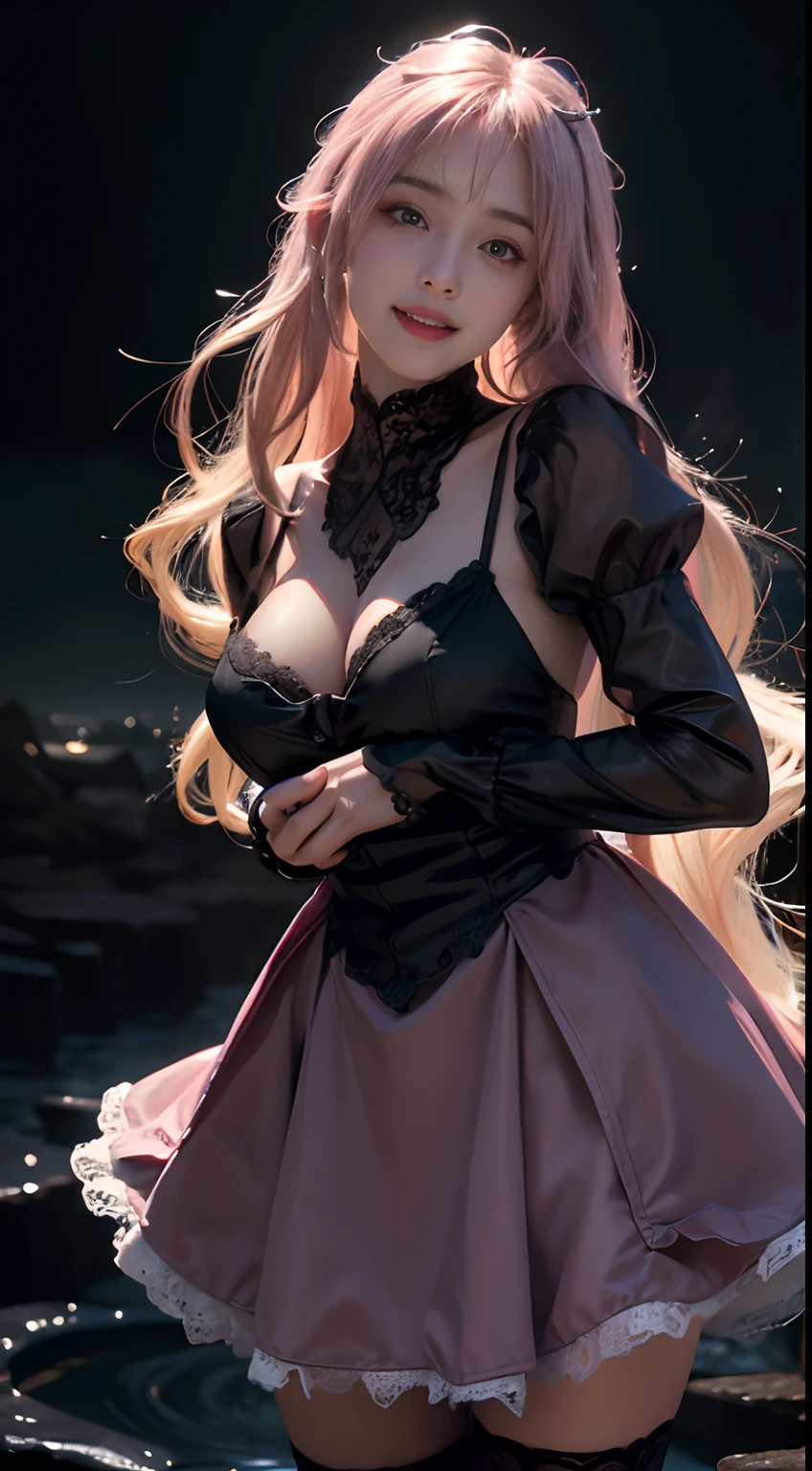 (Hatsune Miku character), Tosca hair color, Long two-tailed hair with ponies, Looking at the view, Eye of the landscape, Smile (Big smile), (Open mouth), Full body photo, 21 year old girl, Perfect body, Perfect anatomy, Tosca eye color, Double eyelids, Huge breasts, Highly detailed skin texture, (Realistic skin), Ultra-detailed face, Detailed lips, Detailed eyes, Double eyelids, Nack shoes, Wet skin, Wet hair, (((Simple background))), (Front focus), (In the dark:1.6), deep dark, Surrealistic Female Portraits by David Hockney and Alphonse Mucha, Fantasy art, photograph realistic, Dynamic pose, Popular model poses, Dynamic lighting, art stations, poster for, voluminetric lighting, Very detailed faces, 4 k'', In the dark, deepshadow, low tune, Cowboy shot, (Pink dress color), Illuminated dress, Erotic lace dress, Suspender stockings, Extremely detailed, liquid milk
