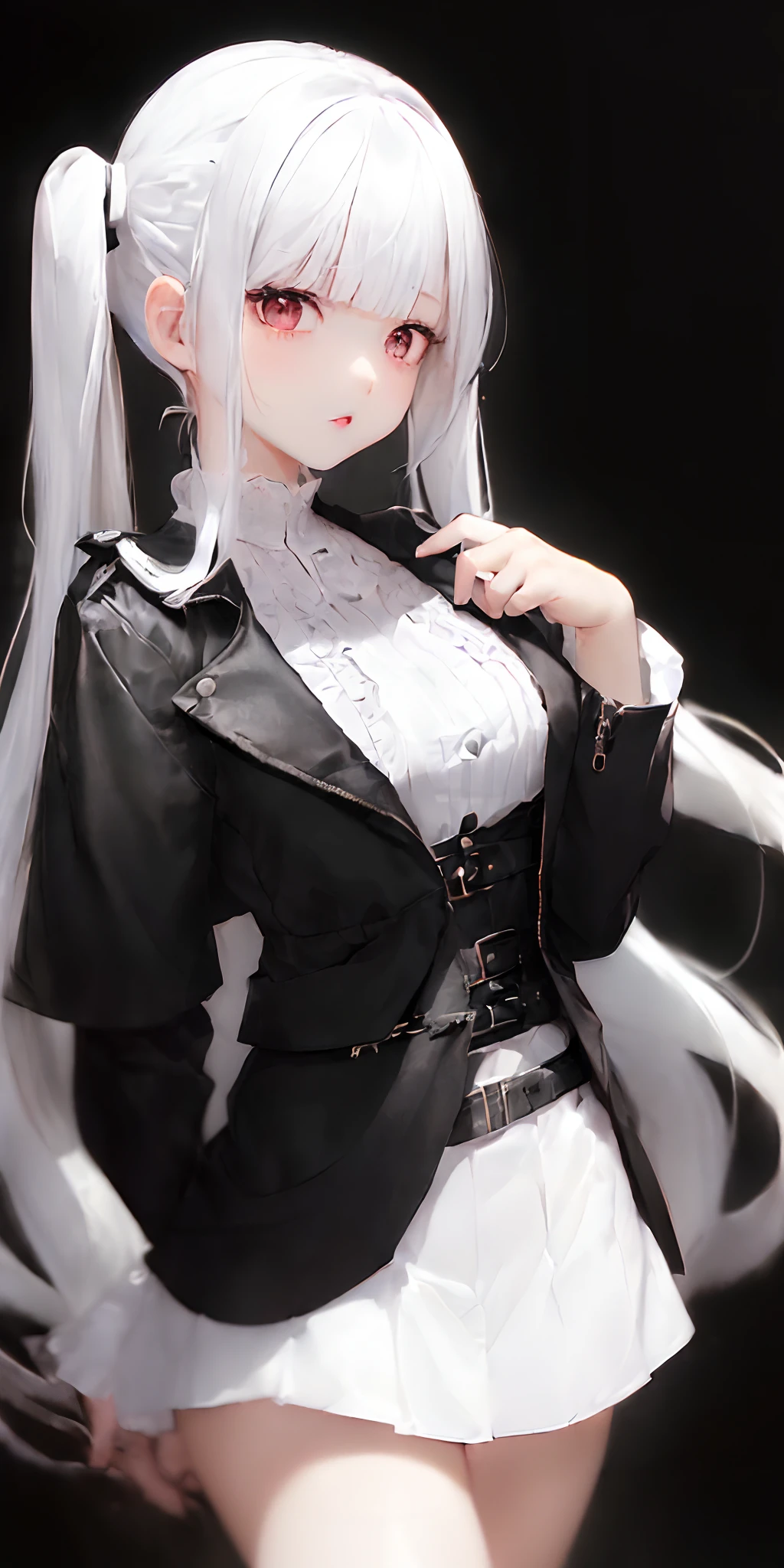 [monochromes:Subdued Color:0.6] theme, (masutepiece), (Best Quality), , Light Layer, Lustrous skin, (intricate-detail , taut clothes, ),  White hair, Long hair, hime-cut, Blunt bangs, side locks, Curly twin tails and quirky hair、Red Eyes, ,, (maturefemale:1.1),    (Simple background:1.1),(((((White blouses、tight skirts、Black Riders Jacket)))))、frontage、low angles、Front Angle、symmetry、large boob、Thick lip、Lustrous lips、
