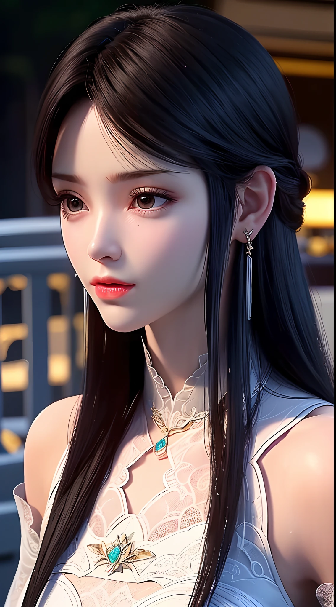 1 beautiful girl wearing ancient costumes, ((pink and light white outfit: 0.8)), Long and silky black hair, hair jewelry and necklaces, Beautiful little face Thin eyebrows, the most beautiful and spotless face, the very beautiful eyes, big round black eyes, fine and detailed makeup eyelashes, High nose, wearing earrings,Small red lips, rosy face, Enlarged and round breasts, tight breasts, breast augmentation,Slim and petite body, Portrait of a beautiful girl, 8k photo, super high quality, super realistic, 10x super pixels, photo realistic, dark studio, border light, two tone light, (detailed skin) high: 1.2), 8k uhd, dslr, soft light, high quality, volumetric light, candid, Photo, high resolution, 4k quality, 8k, Bokeh, Smooth and sharp, pixel up 10 times, (background space: 1.8), (galaxy: 1.7), aurora, lightning, (Aurora Background: 1.8), upper body,