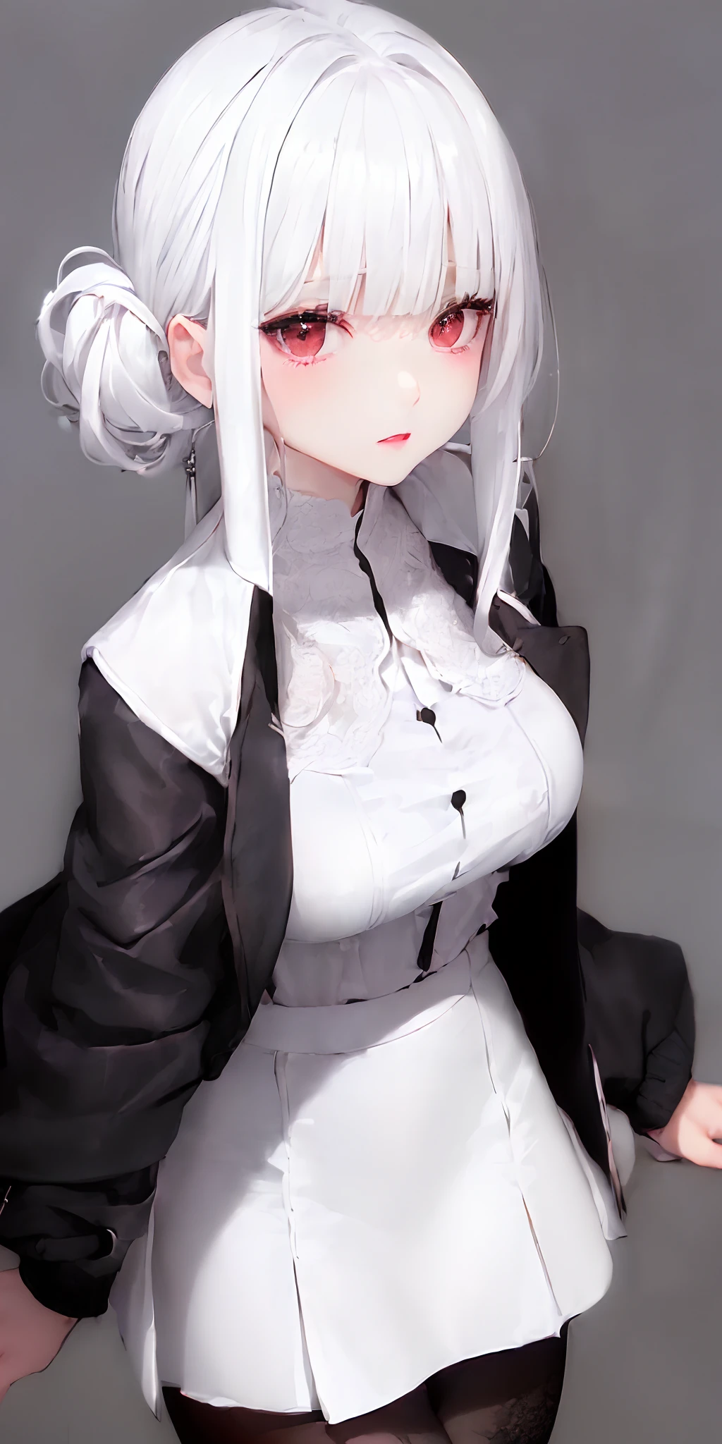 [monochromes:Subdued Color:0.6] theme, (masutepiece), (Best Quality), , Light Layer, Lustrous skin, (intricate-detail , taut clothes, ),  White hair,  hime-cut, Blunt bangs, side locks, Chignon、Red Eyes, ,, (maturefemale:1.1),    (Simple background:1.1),(((((White blouses、tight skirts、Black Riders Jacket)))))、frontage、low angles、Front Angle、symmetry、large boob、Thick lip、Lustrous lips、