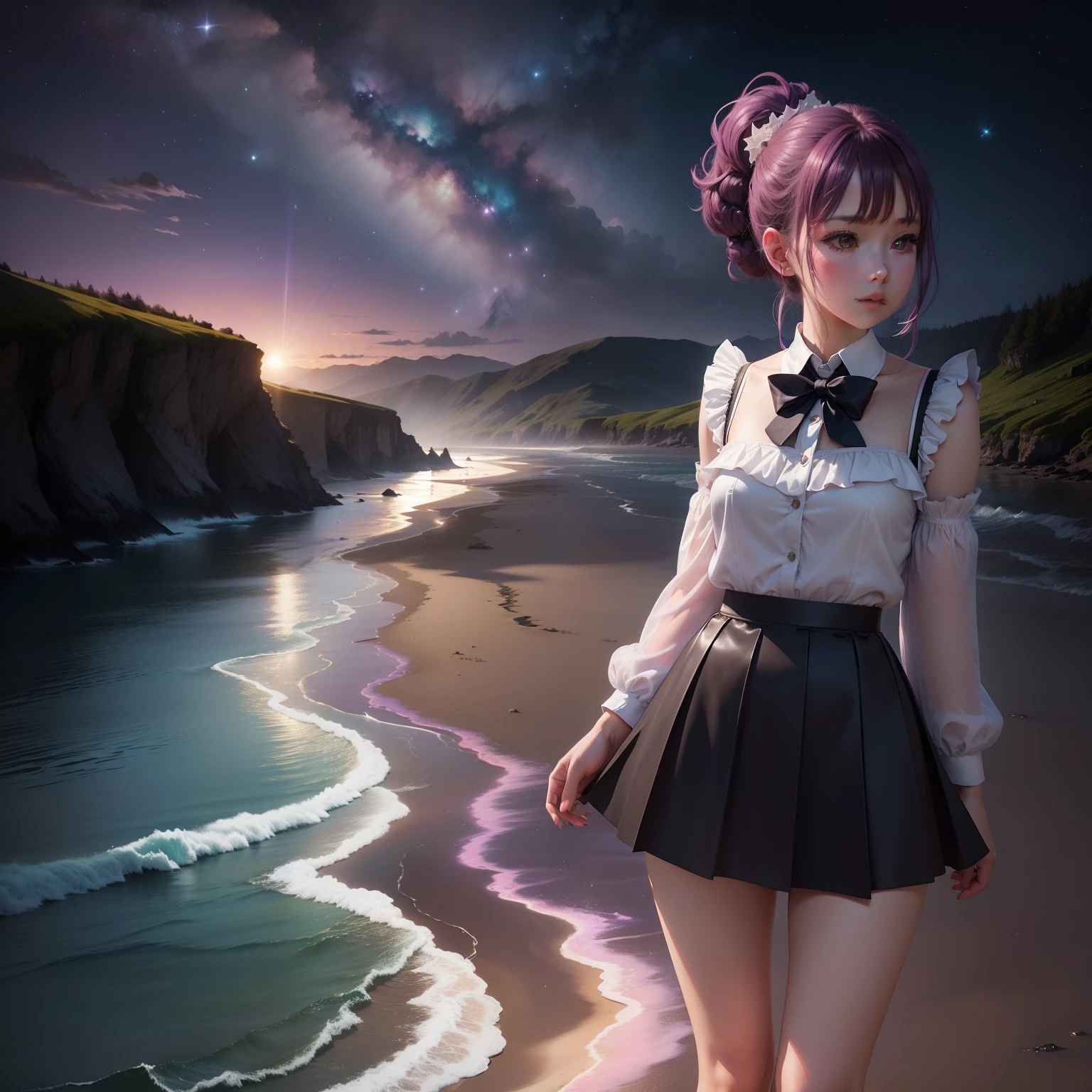 starrysky,the sea,sandbeach,The river flows into the sea,High ponytail girl silhouette, ,dream magical,purpleish color,in pink,Short skirt jk,white stockings,Black skirt pleats,White deep mountains,blue bowtie,