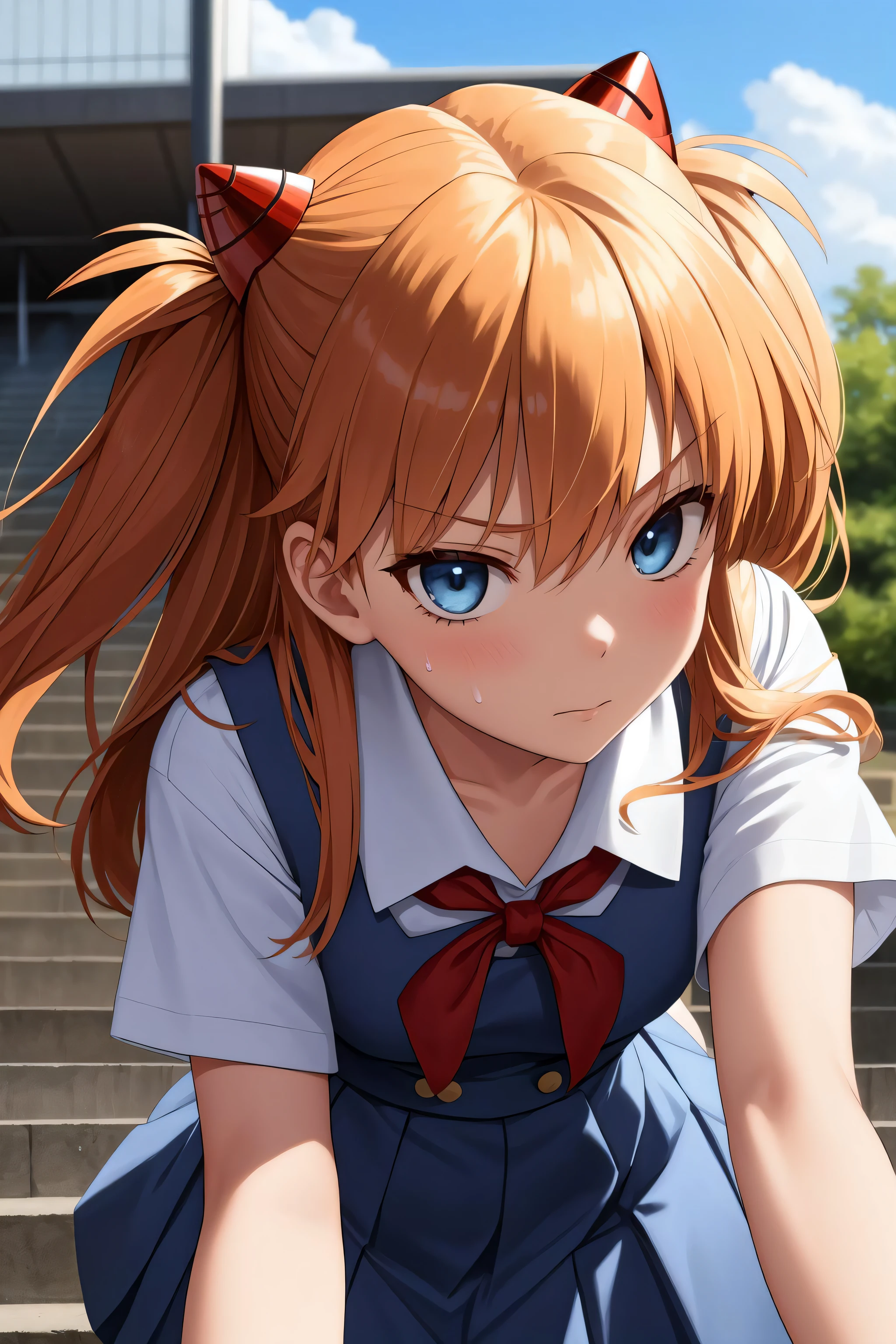 (masterpiece, best quality:1.2), (tsurime:1.2),
(face focus, face close-up, close-up face:1.2), tsurime, 1girl, souryuu asuka langley, solo, blue eyes, school uniform, looking at viewer, long hair, looking back, tokyo-3 middle school uniform, orange hair, white shirt, from behind, shirt, short sleeves, closed mouth, bangs, two side up, stairs, feet out of frame, white socks, suspender skirt, blue skirt, blue dress, outdoors, dress, hair ornament,