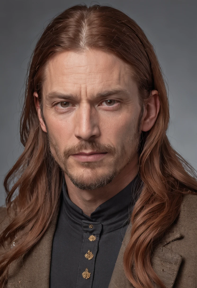 a portrait photo of, James Hebert and Ben Robson mix headshot as a weathered 30-year-old man, ugliness, Hideous, lanyard, broad shoulder, well built, rugged, long copper rust-colored hair, Hair tied in a loose ponytail, Widow's peak,Full-body muscles Confident expression, intense stare, Host Clubs