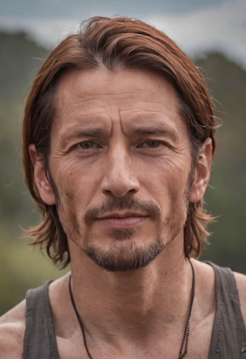 a portrait photo of, James Hebert and Ben Robson mix headshot as a weathered 30-year-old man, ugliness, Hideous, lanyard, broad shoulder, well built, rugged, long copper rust-colored hair, Hair tied in a loose ponytail, Widow's peak,Full-body muscles Confident expression, intense stare, Host Clubs