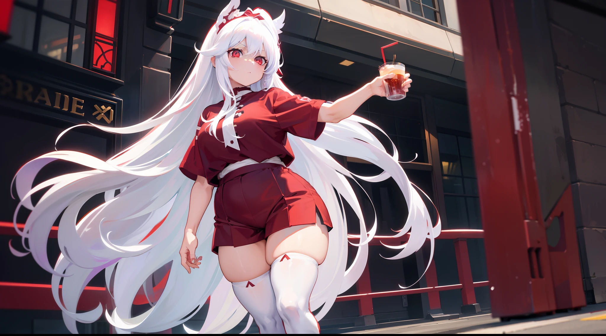 Long white hair, red color eyes, Dark purple shorts,Inside are white short sleeves,Wearing black stockings, Plump body, An anime character, Only one person,Drinking brown drinks on the street