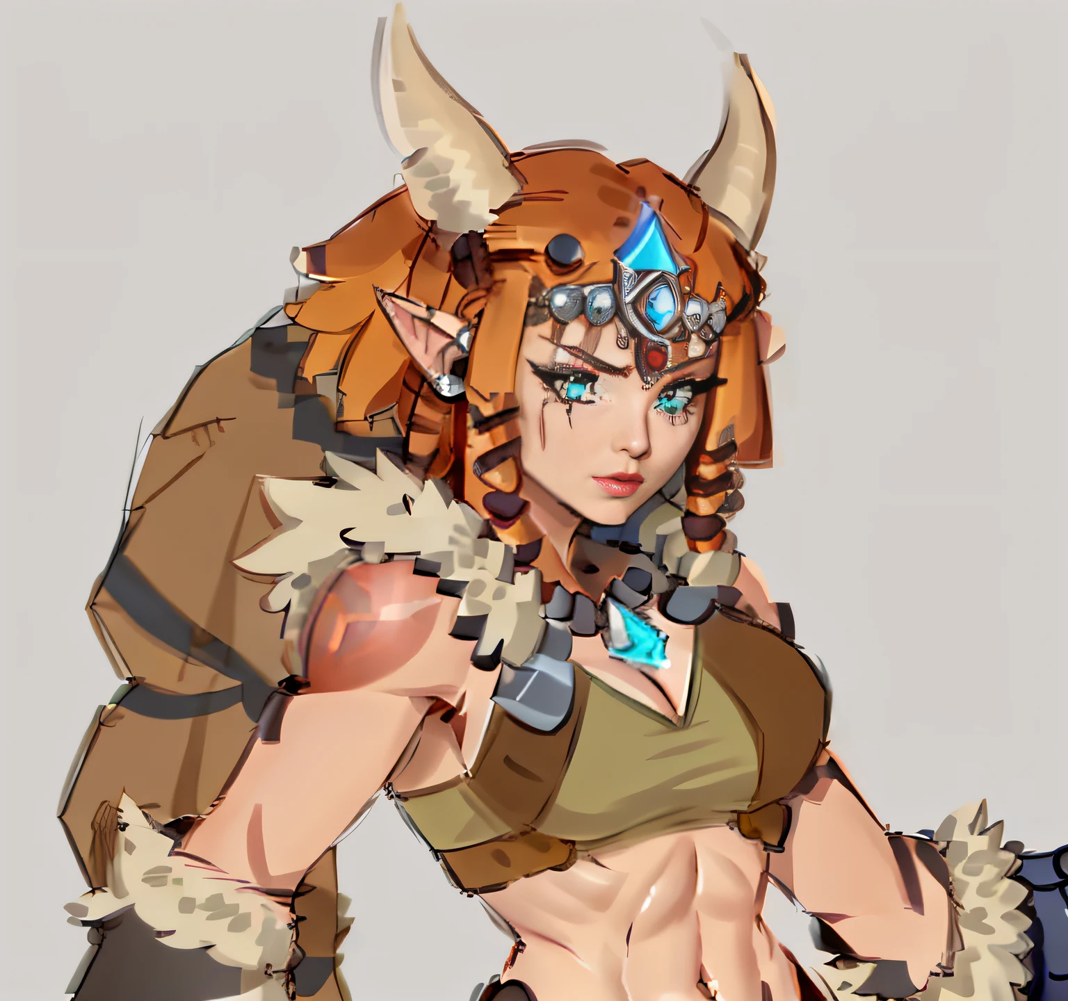 Realistic close-up of a woman, Realisticstyle，muscular female druid, portrait of a barbarian female, female barbarian, male centaur centaur chimera, valkyrie style character, a very beautiful berserker woman, girl design lush horns, saints ( valorant ), senna from league of legends, (((woman)))，(((best qualityer)))，(((tmasterpiece)))，