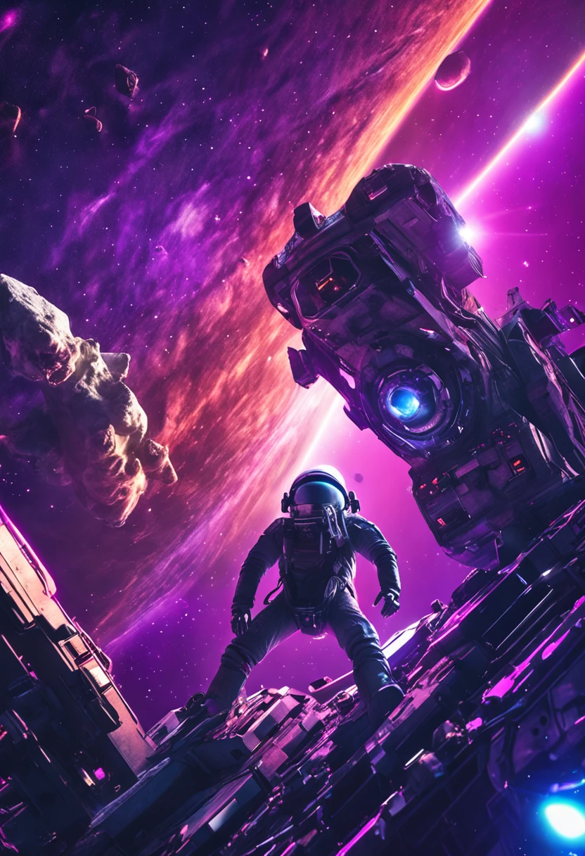 Dios-shaped spaceship,Beautiful boat,Purple nebula background,Astronaut holding a jetpack in space，Holding an explosive blaster in his hand,beautiful shot,Reflective camera,Circular flying space drone in the corner of the frame,Profesional photogarpher,8K space shooting