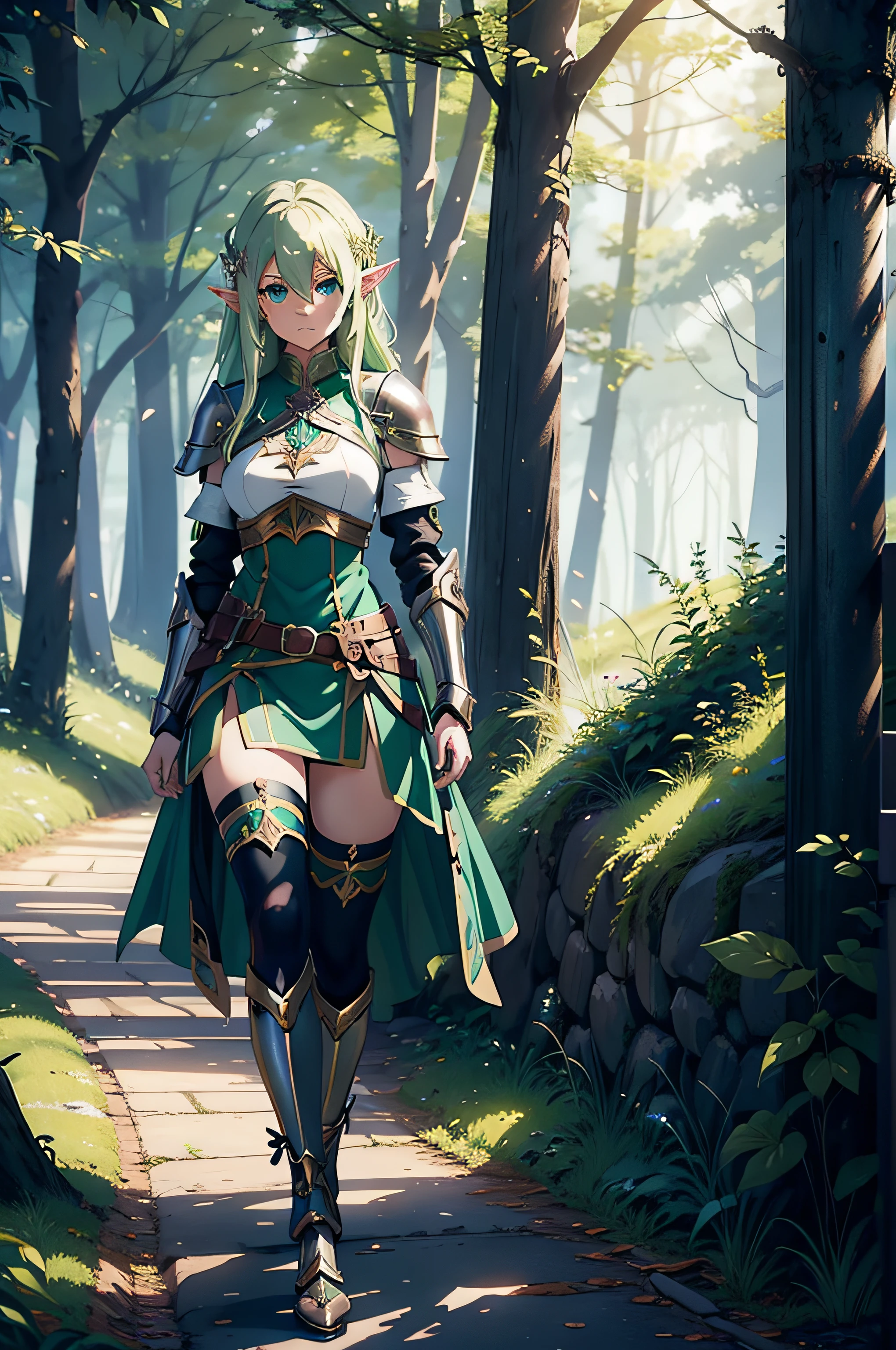 very cute and beautiful anime girl with highly detailed green eyes and pastel yellow hair, in modern anime style, made by ross tran, wlop, laica chrose in a costume walking down a path in a forest, alluring elf princess knight, fantasy paladin woman, gorgeous female paladin, fantasy style clothing, fantasy outfit, fantasy woman, fantasy medieval, elven warrior princess, beautiful female knight, very stylish fantasy armor, elf princess knight, armor girl, very beautiful elven top model