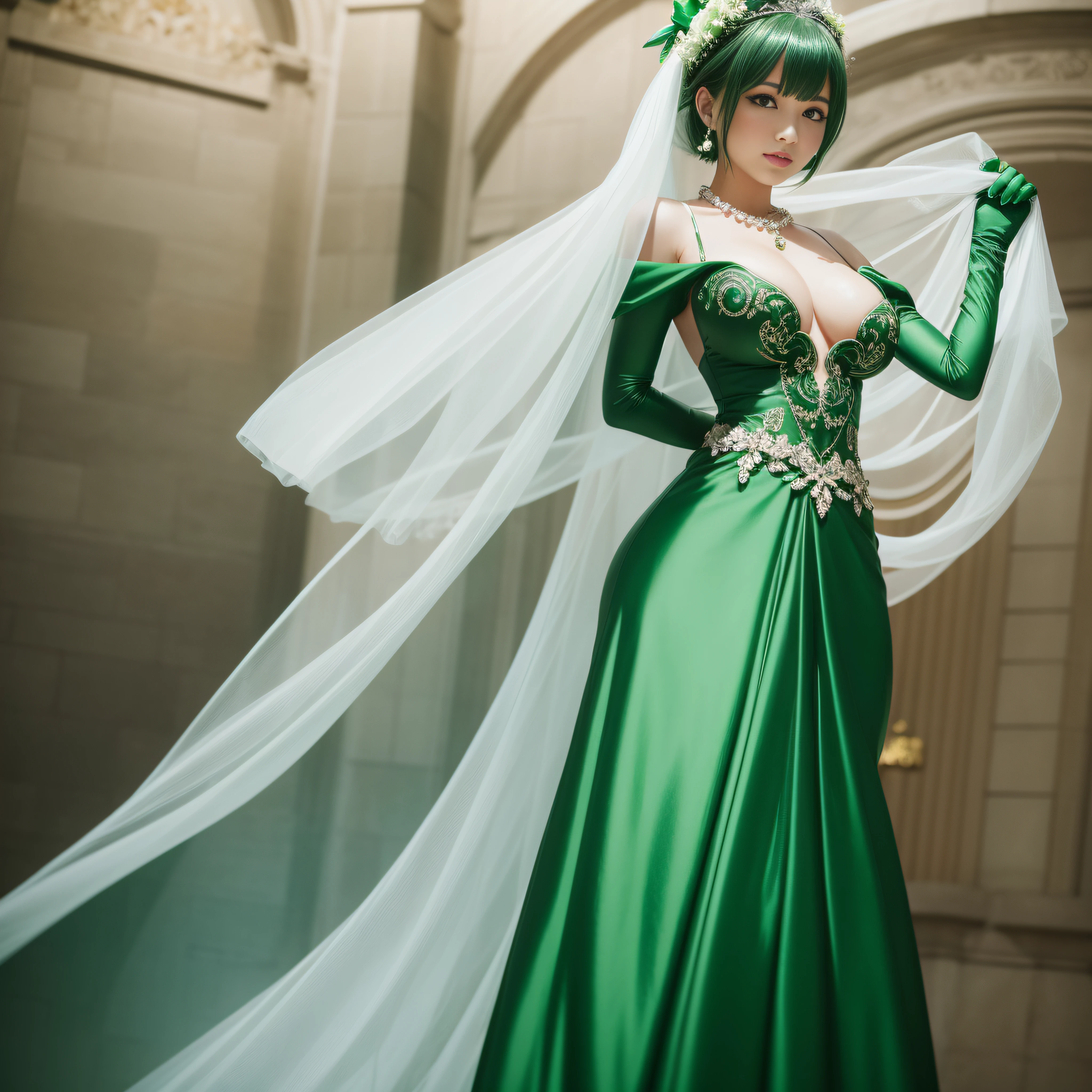 Green Dress Flower Cleanser,Sense of atmosphere, best qualtiy,tmasterpiece,1girll,30-years old,Green dress,Daytime Church,full body Esbian, Green gloves,With short green hair,big breasts beautiful,looking at viewert,ssmile,Green Bridal Veil,Green Long Grove,Satin green long gloves, lipsticks, Green Pearl Necklace、Green gloves, Green short hair