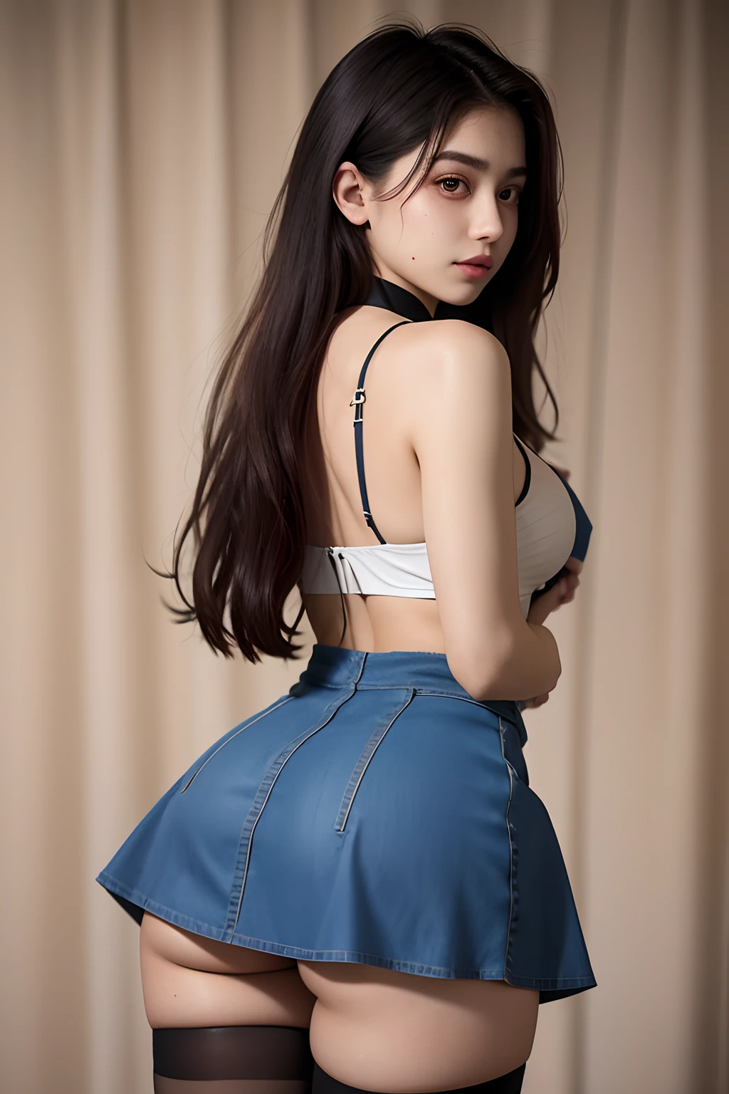 a beautiful yo Turki woman, spaghetti strap top, high waist short skirt , thighhighs, back view