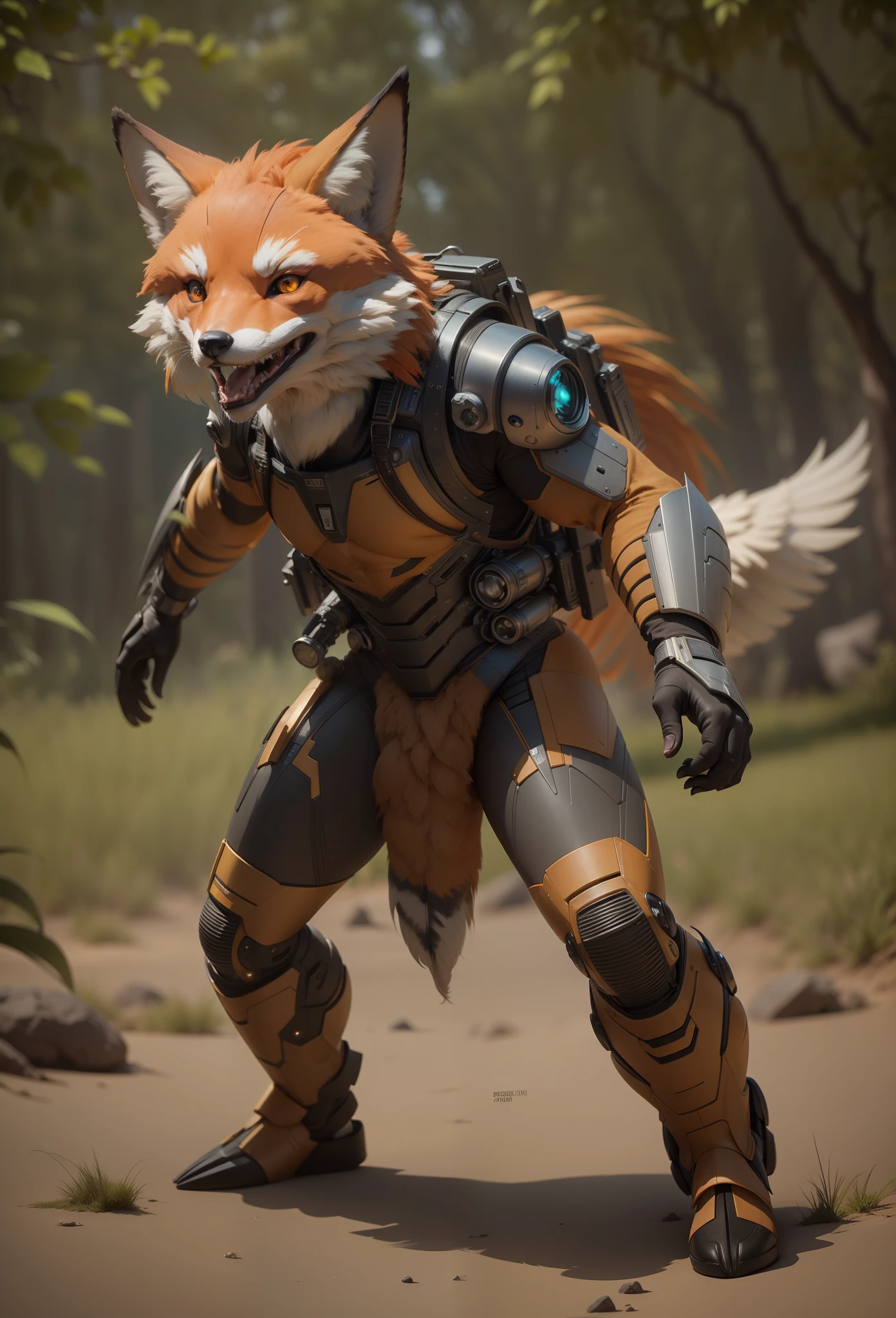 Sci fi humanoid creature with the feathers of a fox and mutant traits similar to rocket smile grin real photography, natural light, photorealism, cinematic rendering, ray tracing, the highest quality, the highest detail, Cinematic, Third-Person View, Blur Effect, Long Exposure, 8K, Ultra-HD, Natural Lighting, Moody Lighting, Cinematic Lighting
