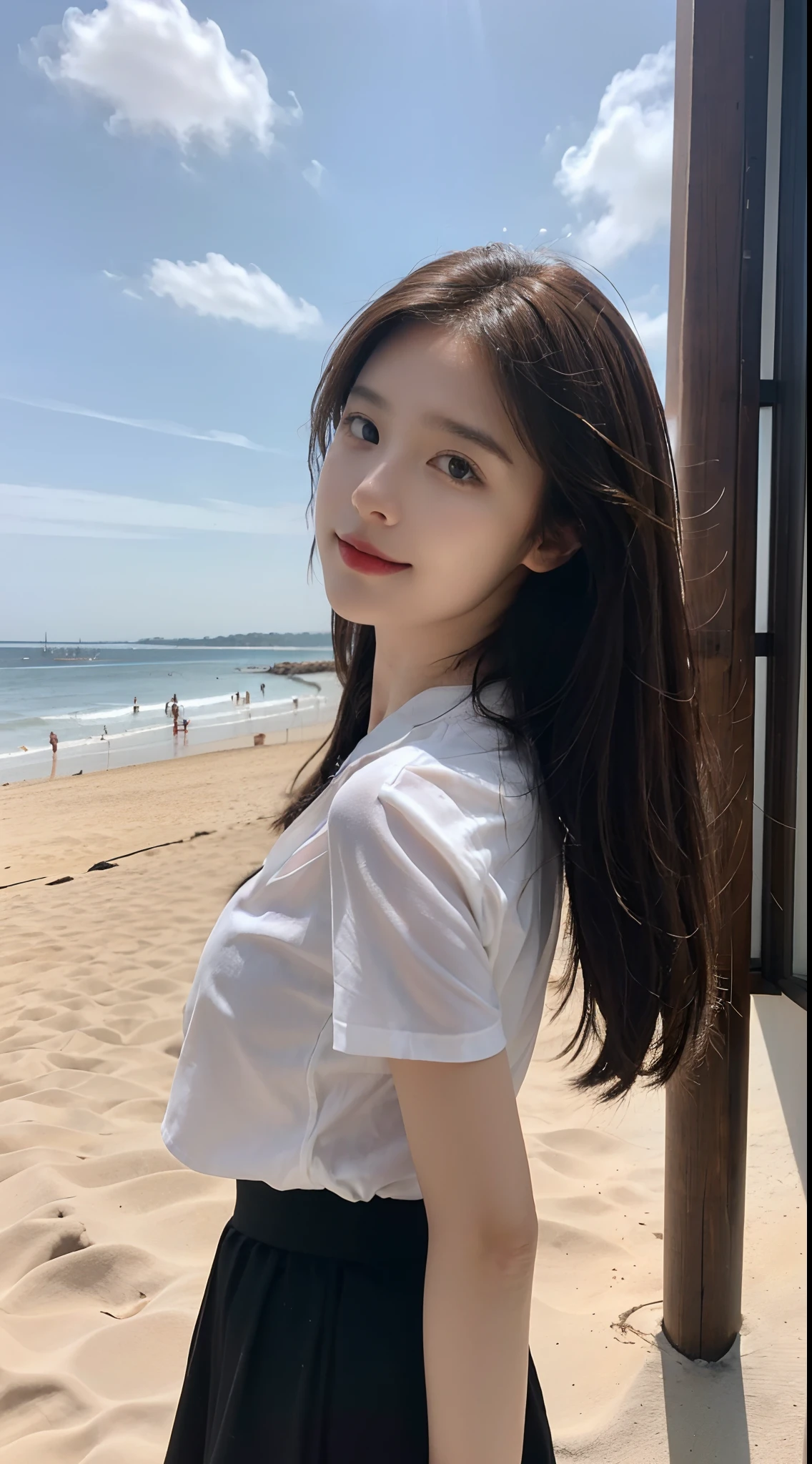 a 25 year old girl,Long hair,Open your arms and face the sea